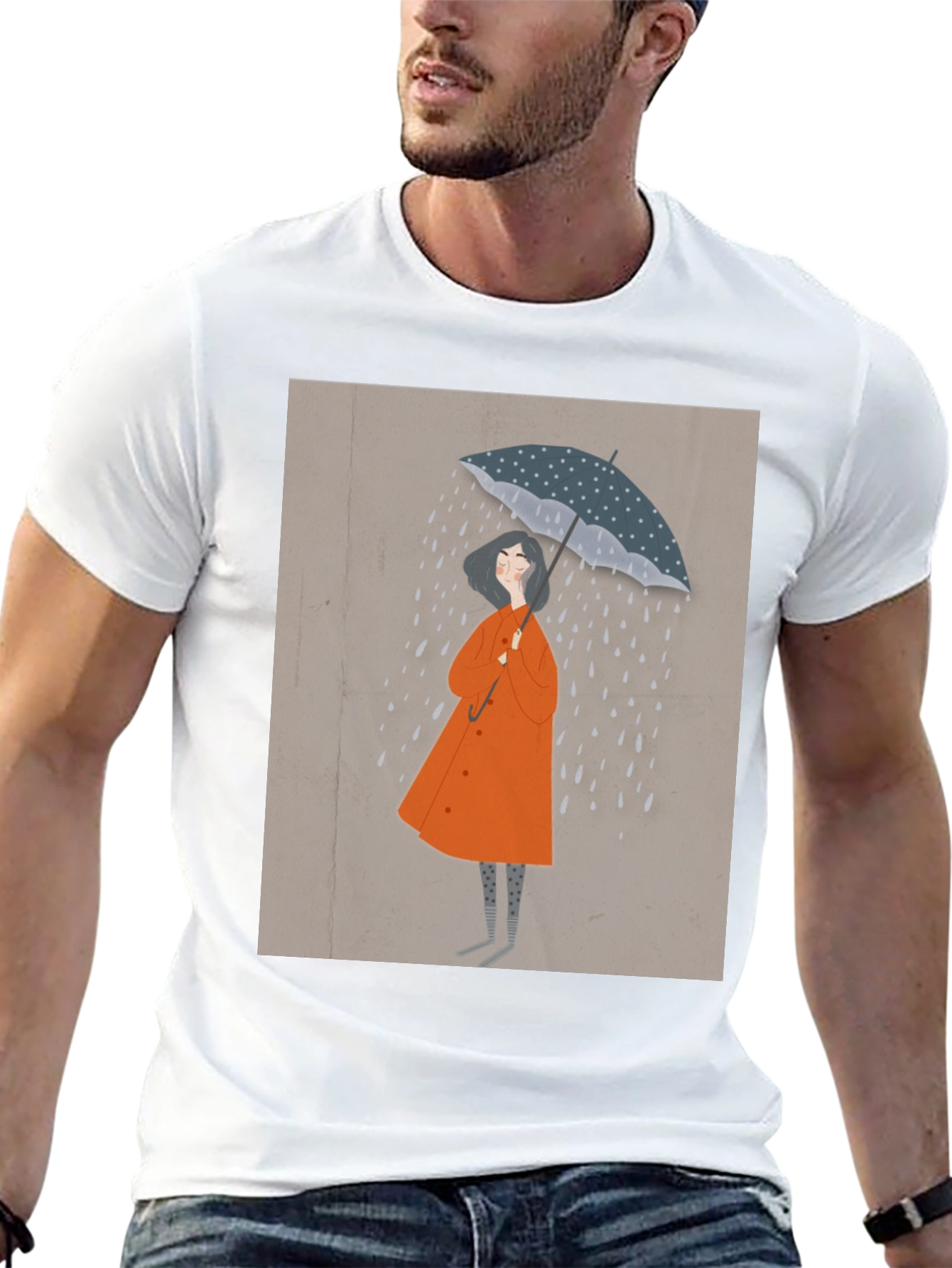 Stylish Black T-Shirt with Rainy Day Illustration