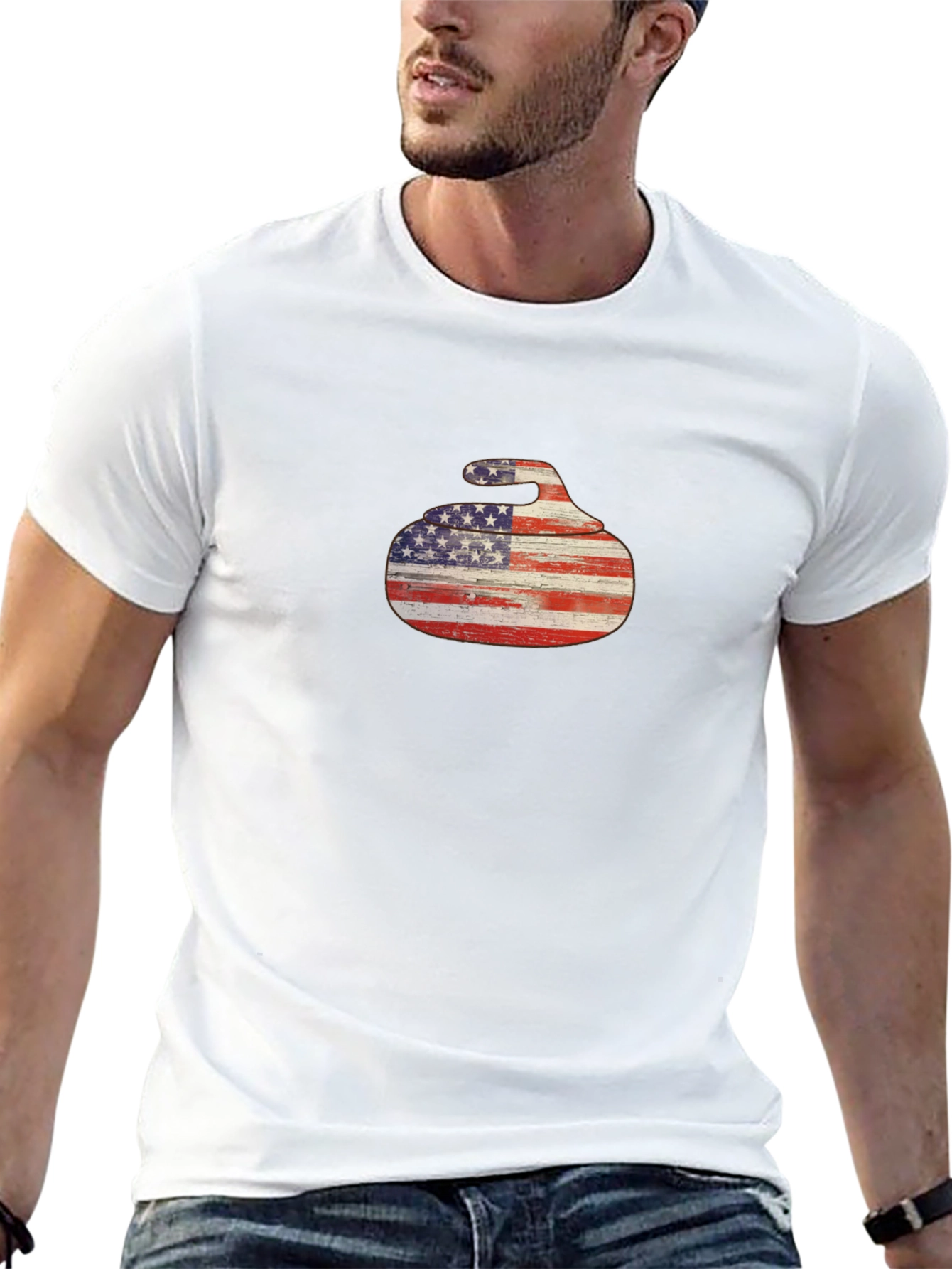 USA Flag Curling Stone Black T-Shirt