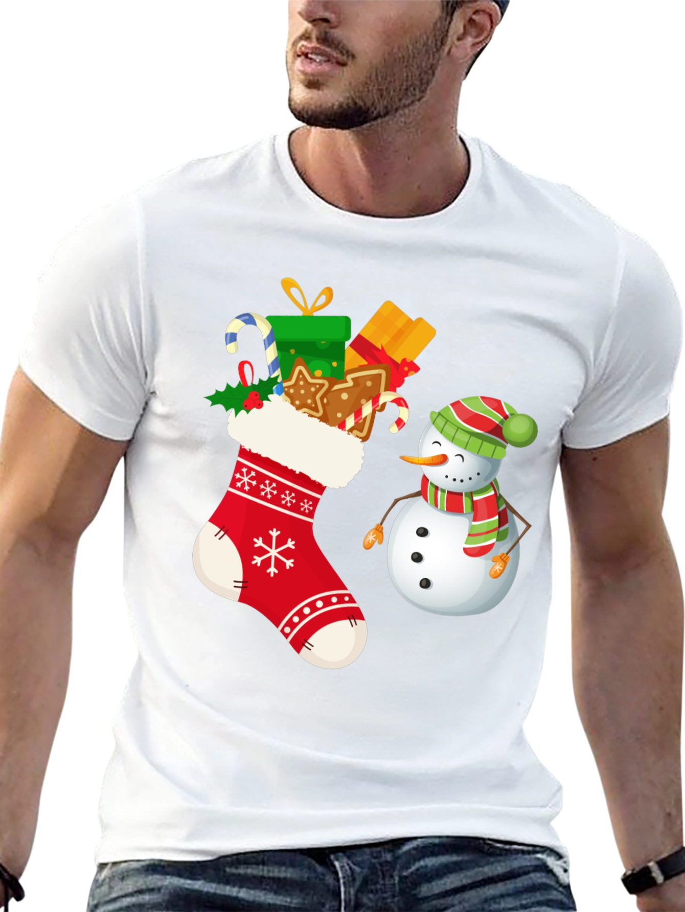 Festive Christmas Stocking & Snowman Graphic Tee