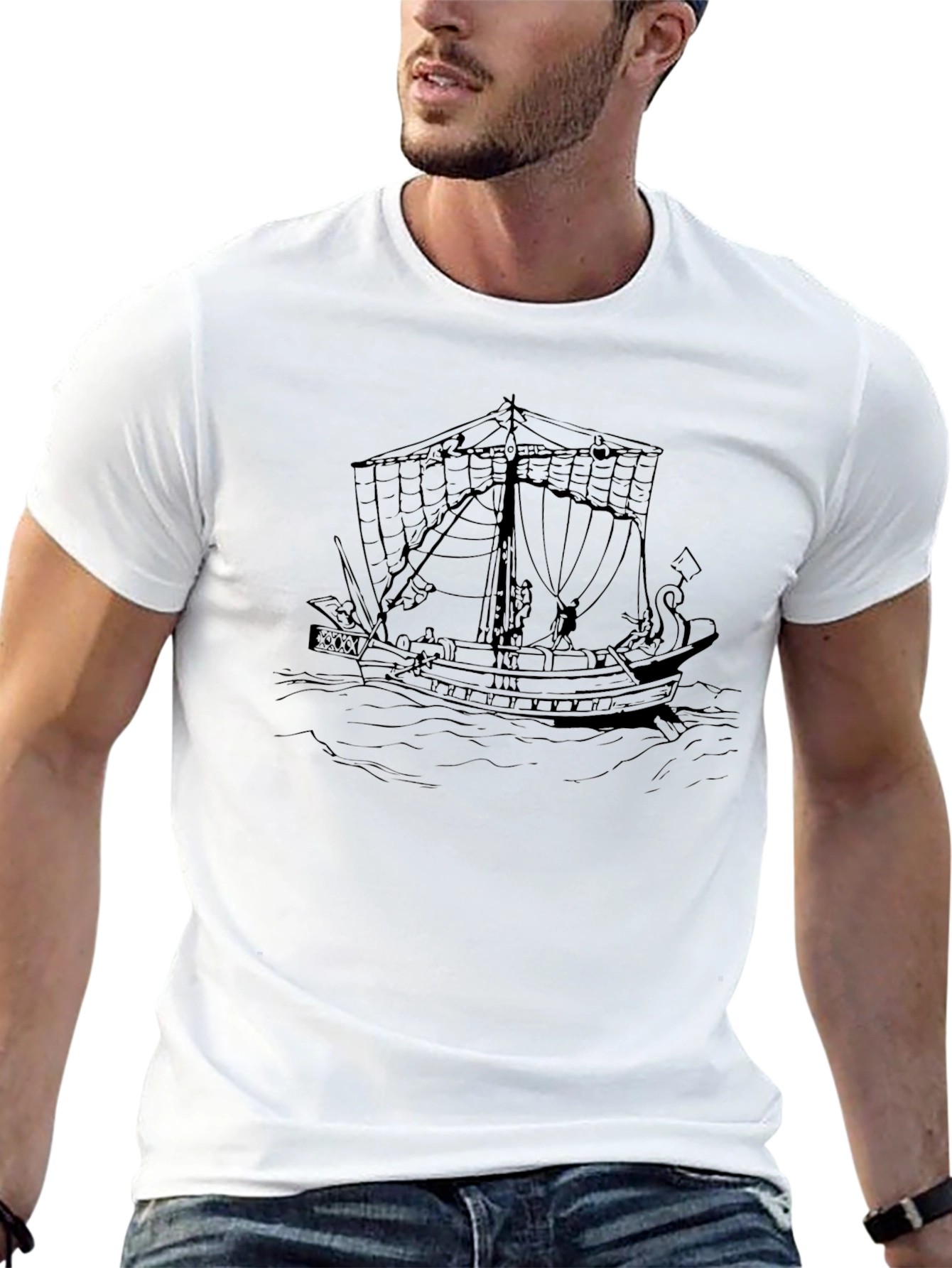 Black T-Shirt with Ship Graphic
