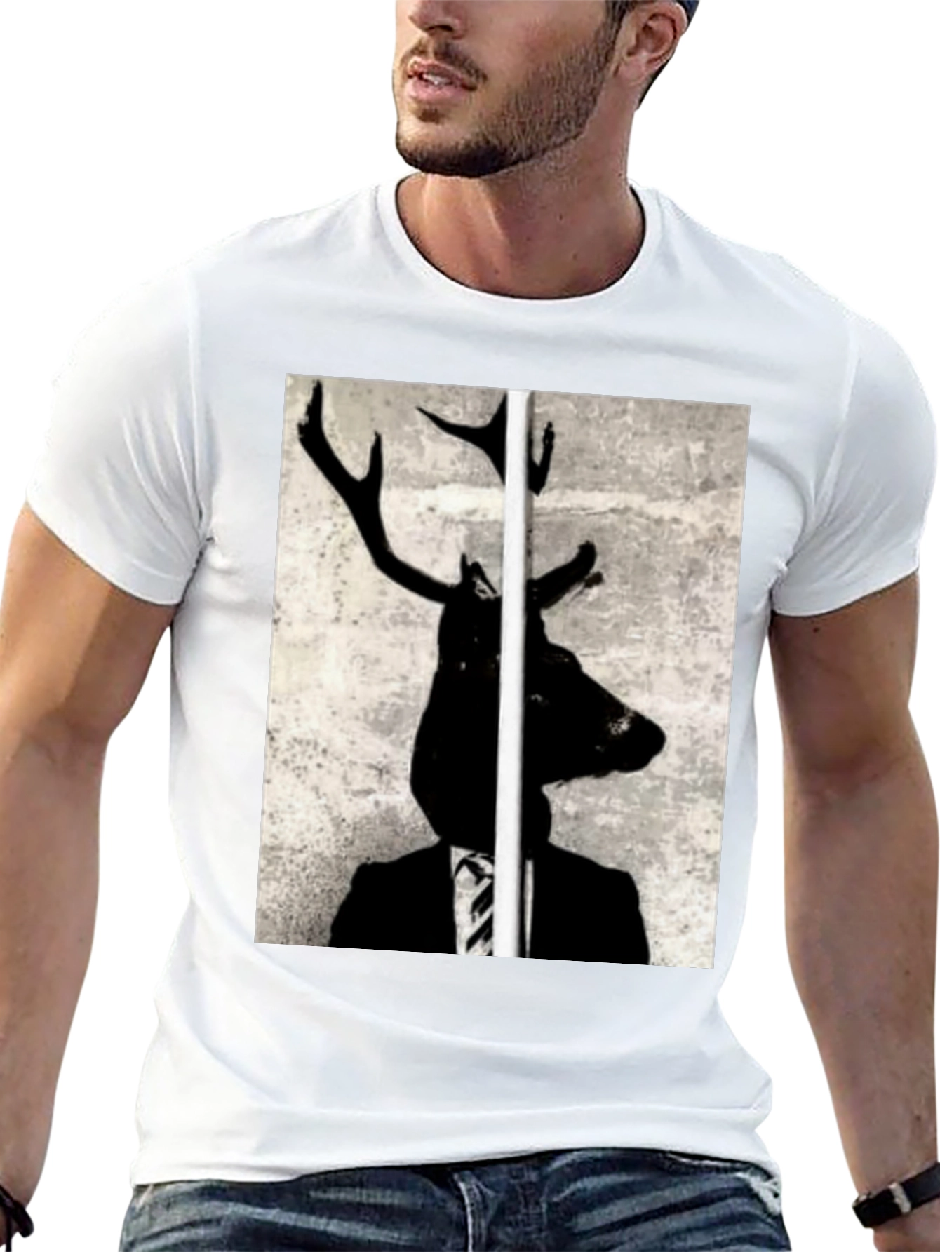 Deer Head Suit Graphic Tee - Unique Art T-Shirt