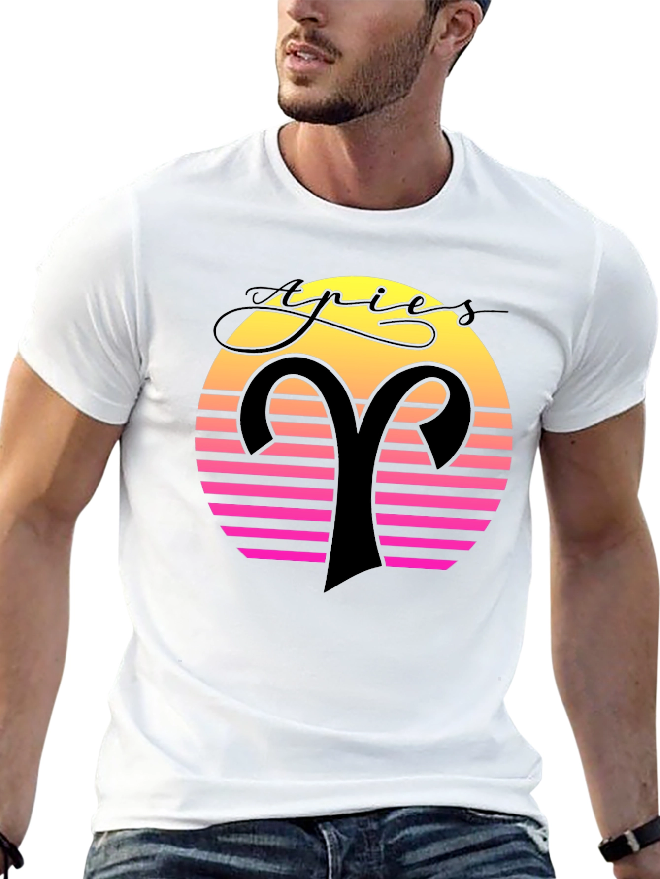 Aries Zodiac Black T-Shirt Retro Sunset Design