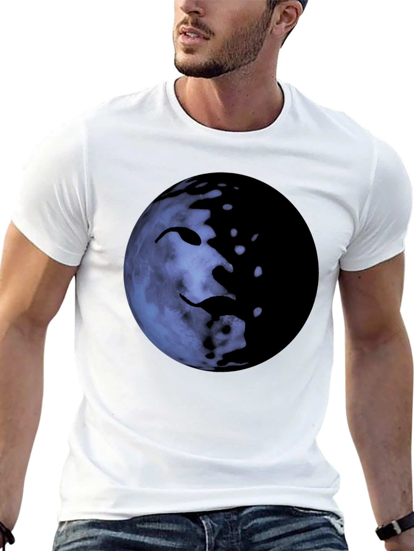 Unique Moon Face Graphic Black T-Shirt