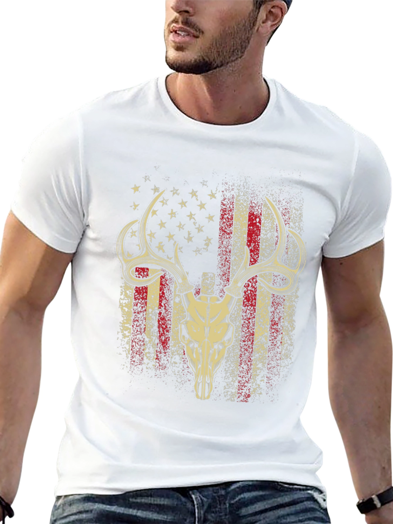 American Flag Deer Skull Graphic T-Shirt