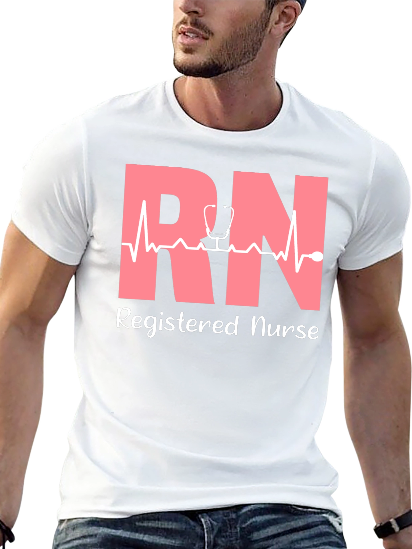 RN Registered Nurse T-Shirt - Stethoscope Heartbeat Design
