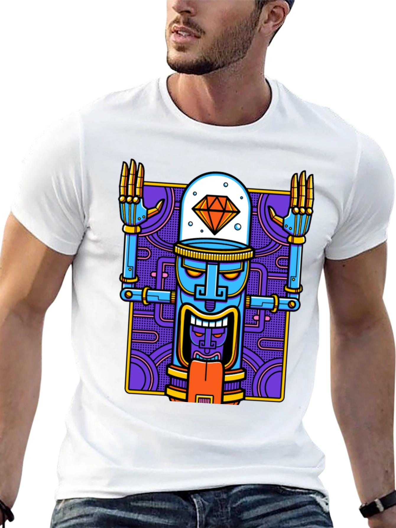 Robot Tiki Head Graphic T-Shirt - Unique Design