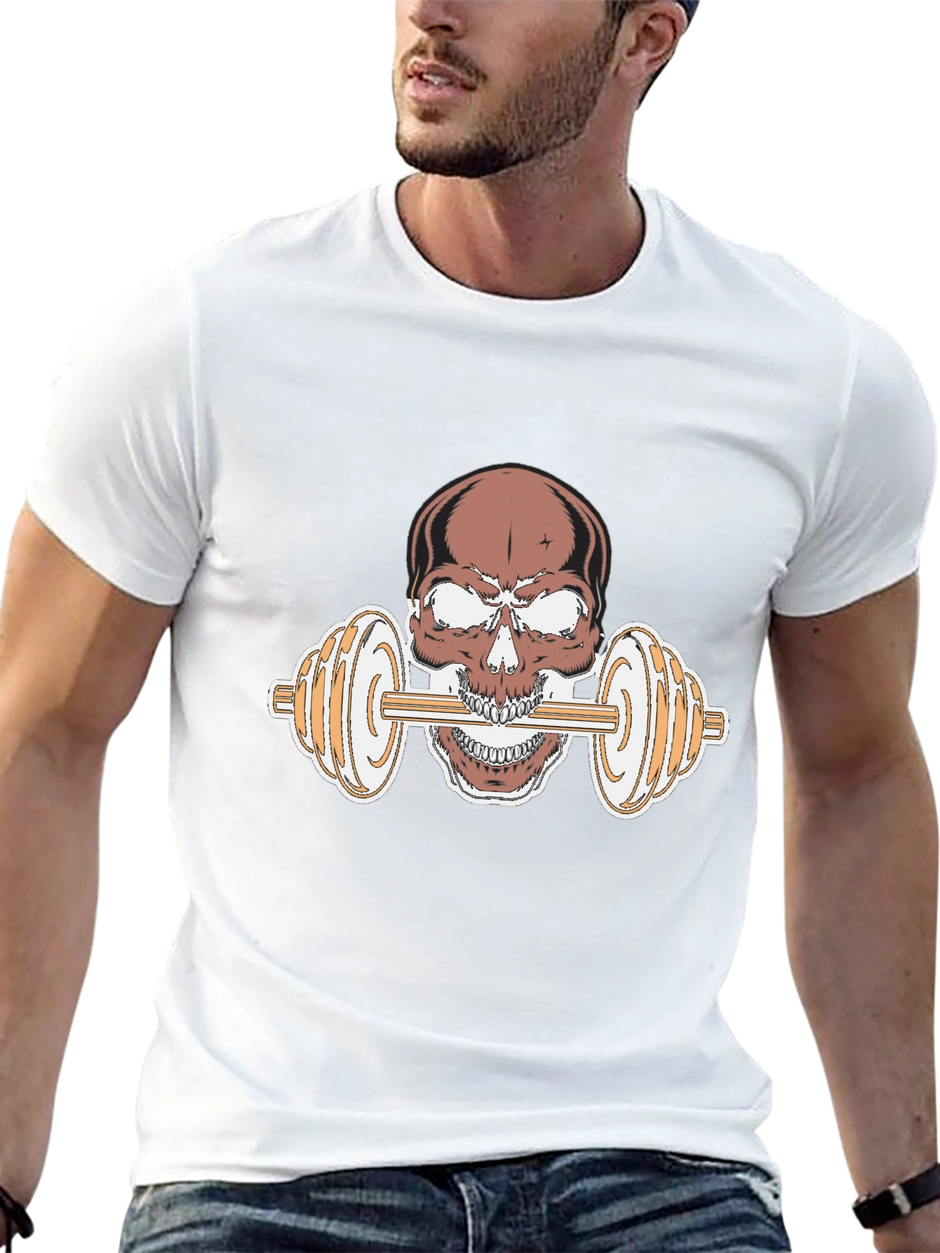 Skull Dumbbell Graphic Tee - Black Cotton T-Shirt
