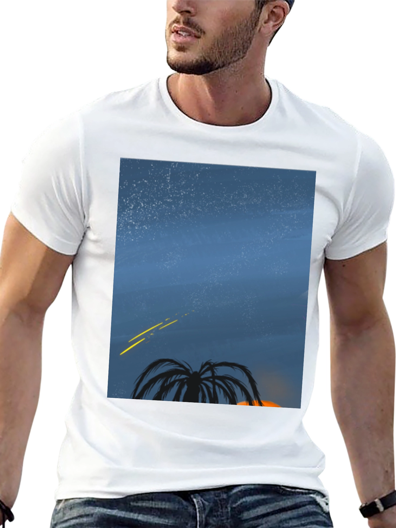 Night Sky Palm Tree Graphic Tee - Black