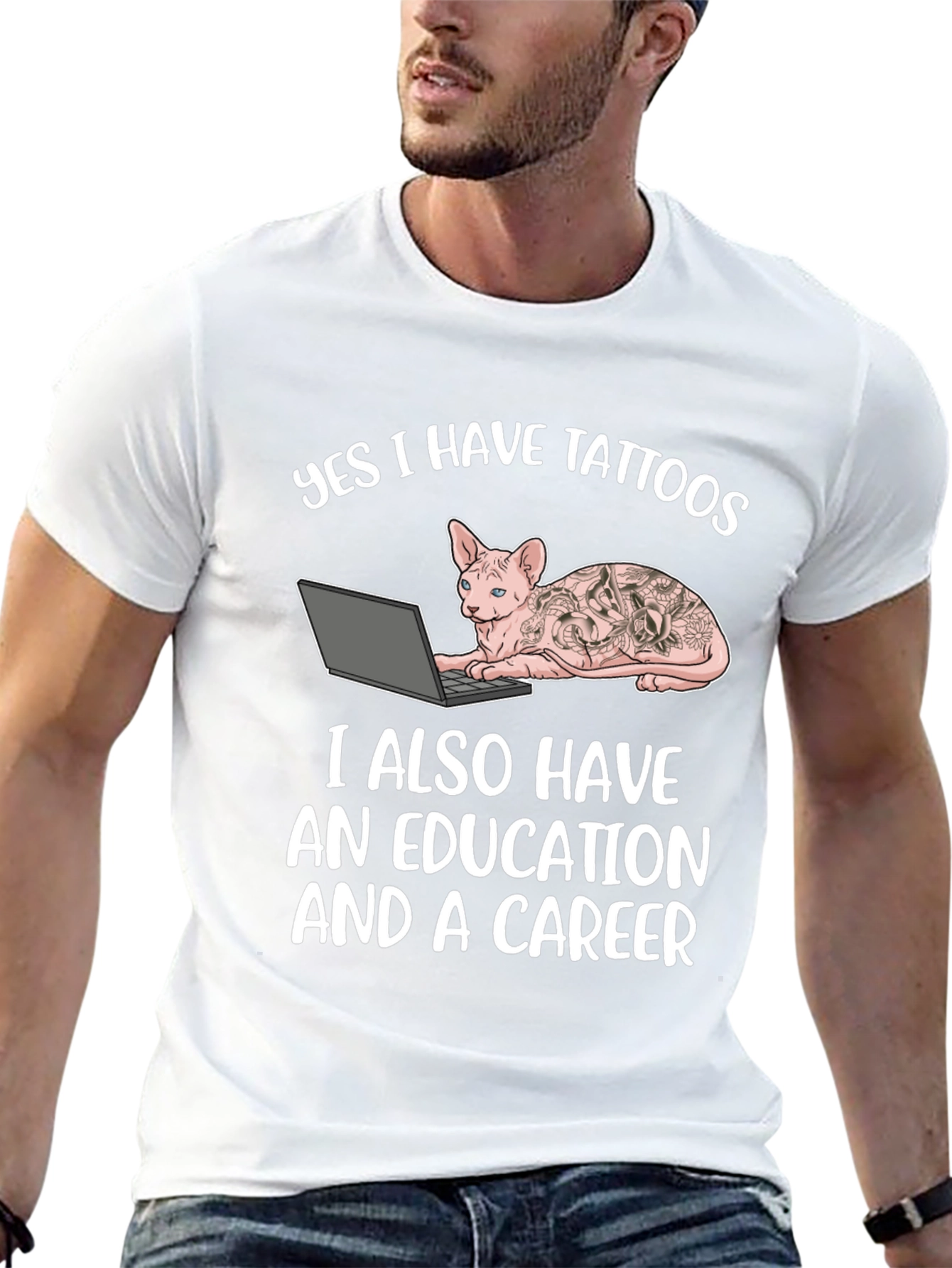 Tattooed Cat Laptop T-Shirt - Sarcastic & Unique!