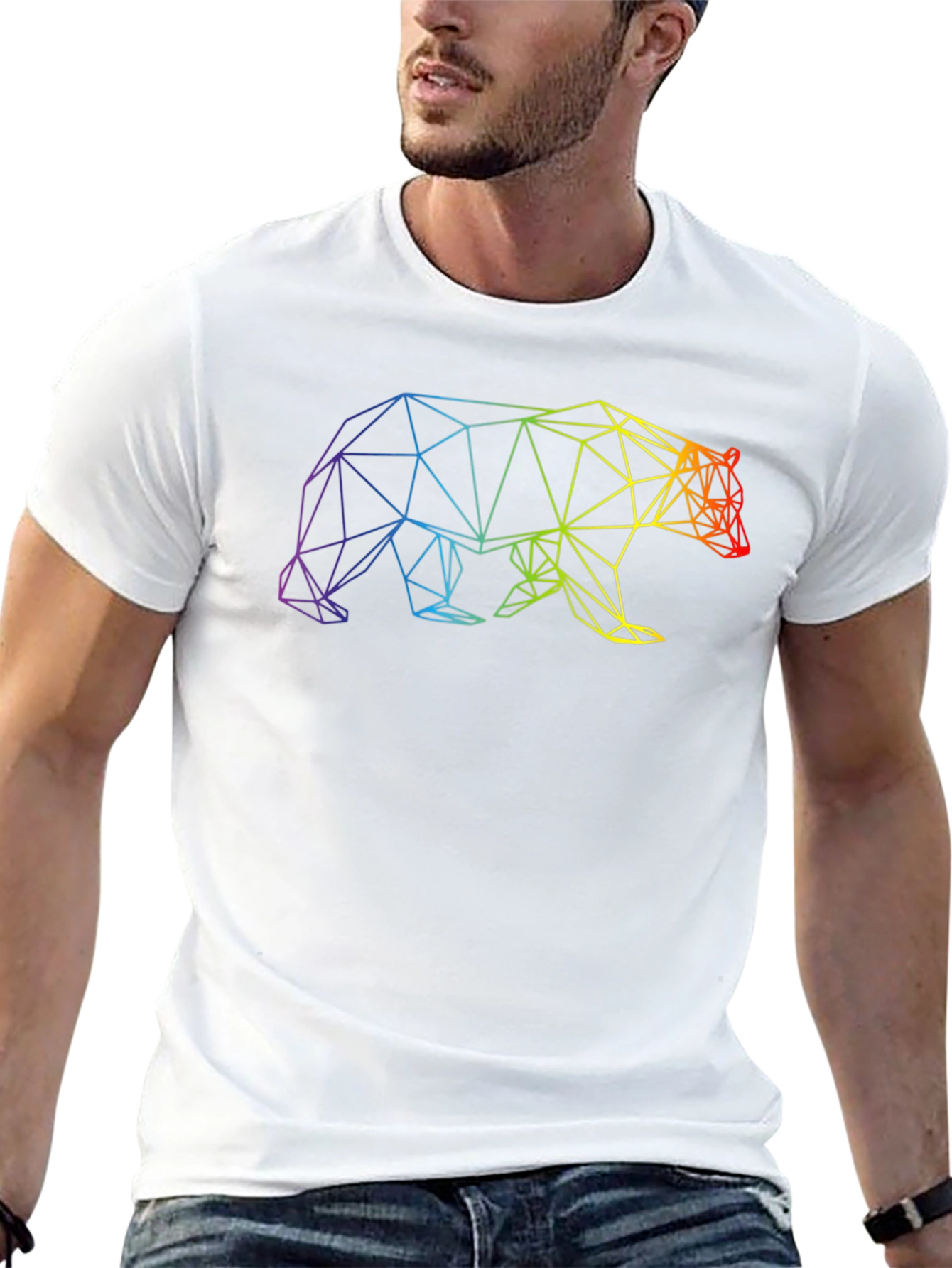 Geometric Bear Graphic T-Shirt - Rainbow Design