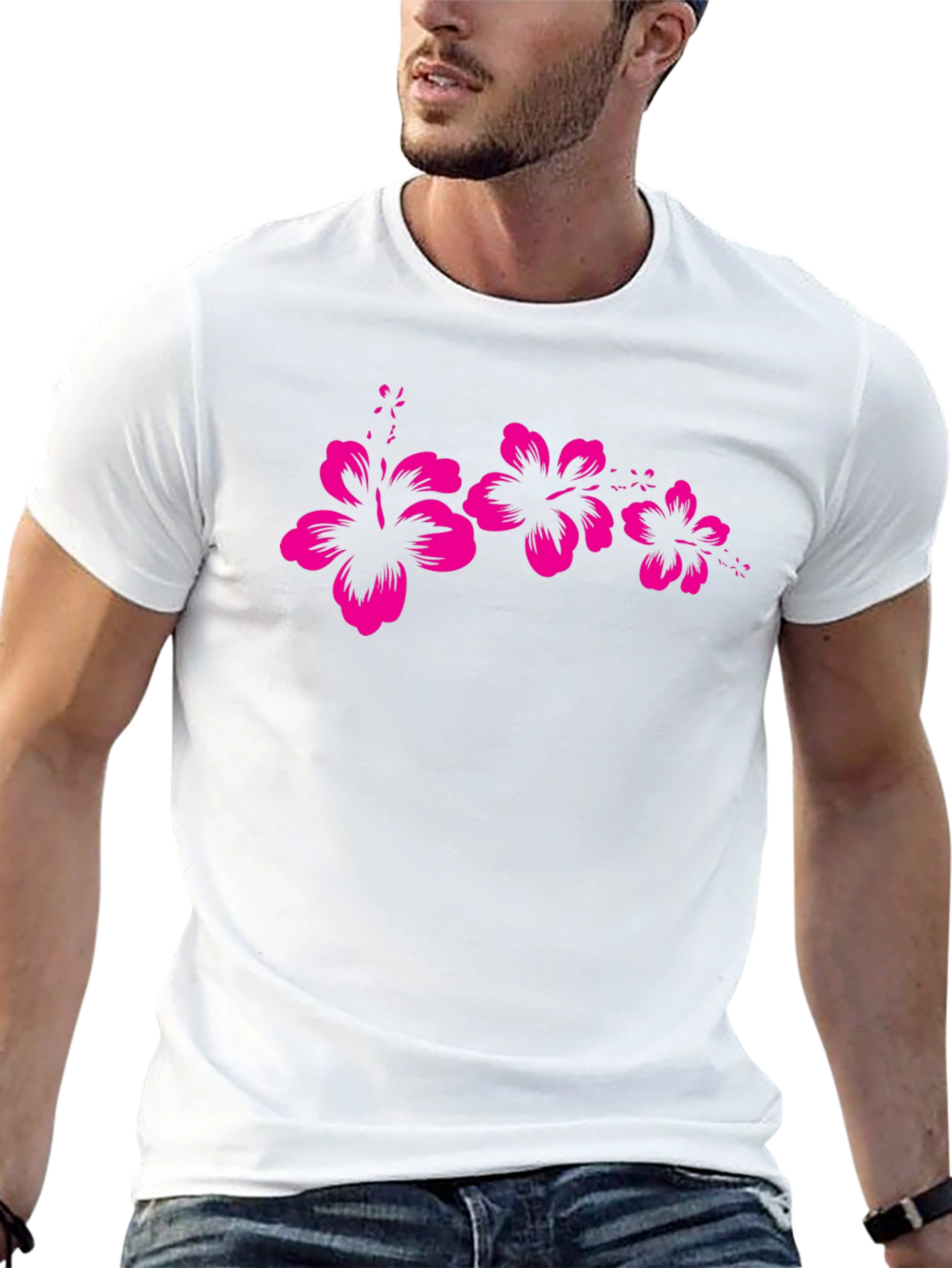 Black T-Shirt with Pink Hibiscus Flower Design