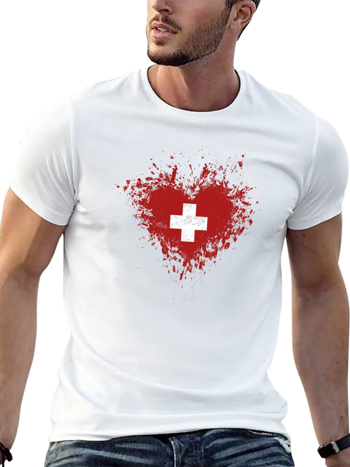 Swiss Heart T-Shirt - Distressed Flag Design