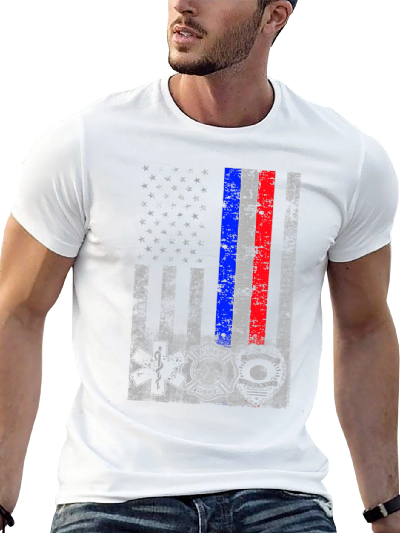 Distressed USA Flag EMS Firefighter Police T-Shirt
