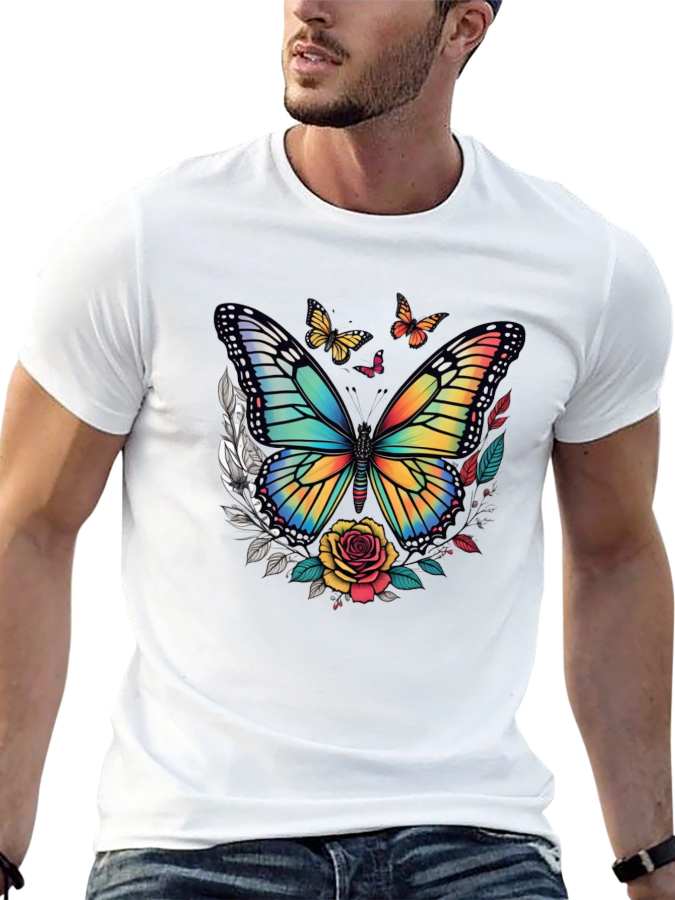 Butterfly & Roses Graphic Tee - Mens Black T-Shirt