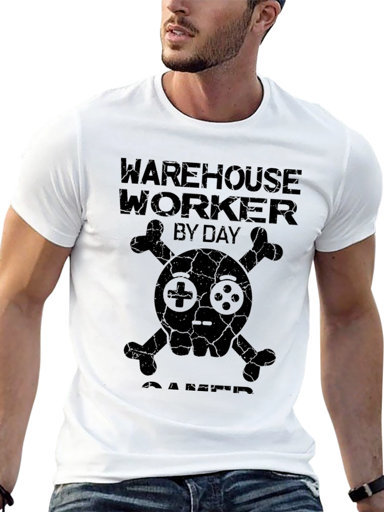 Warehouse Worker Gamer T-Shirt: Skull & Controller Design