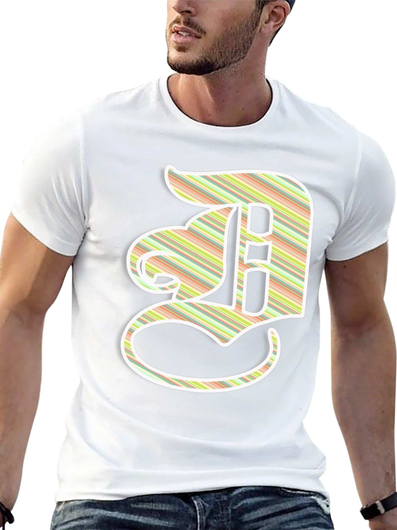 Striped Letter D Graphic Tee - Casual Black T-Shirt