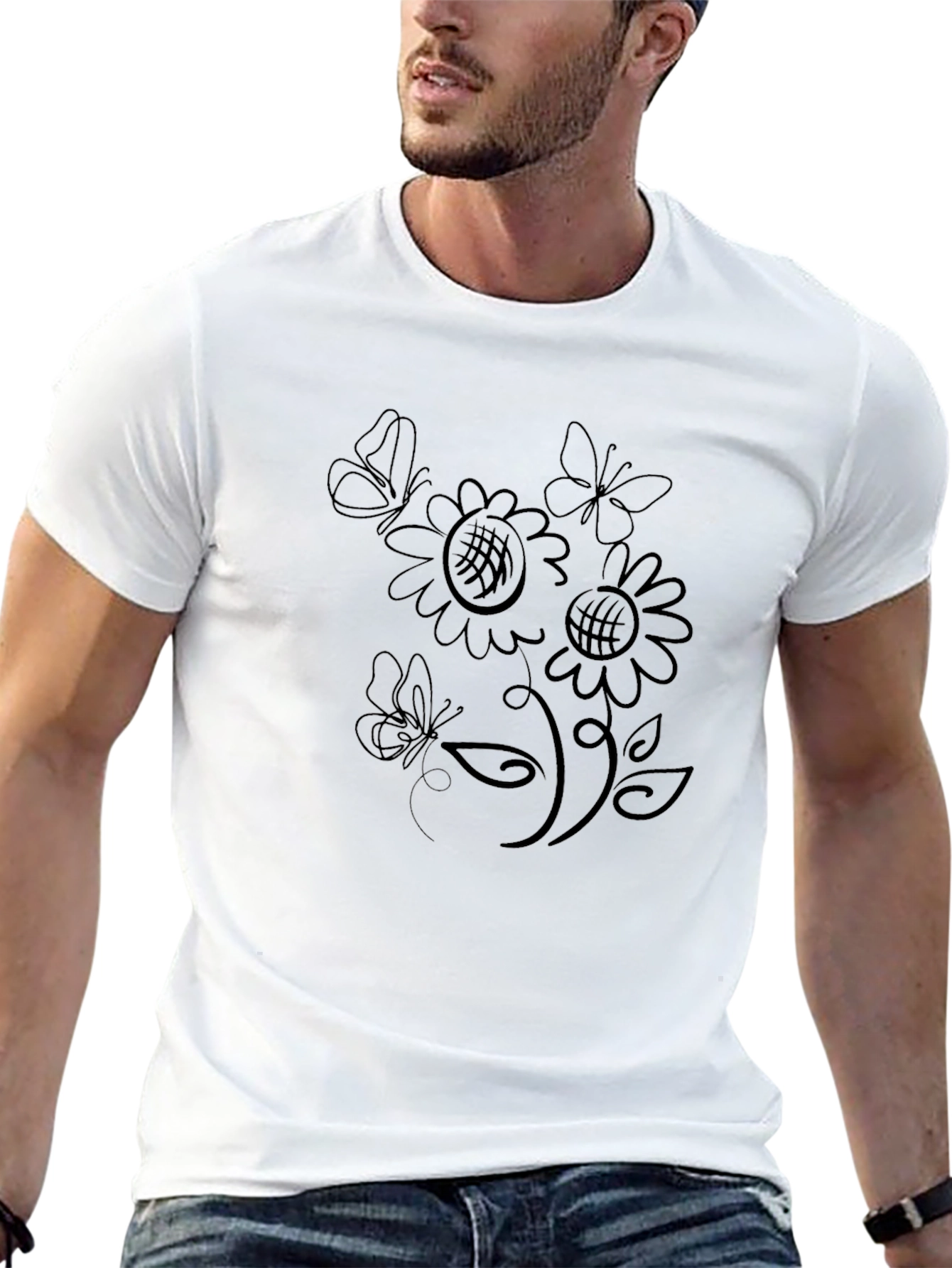 Butterfly & Sunflower Graphic T-Shirt - Black