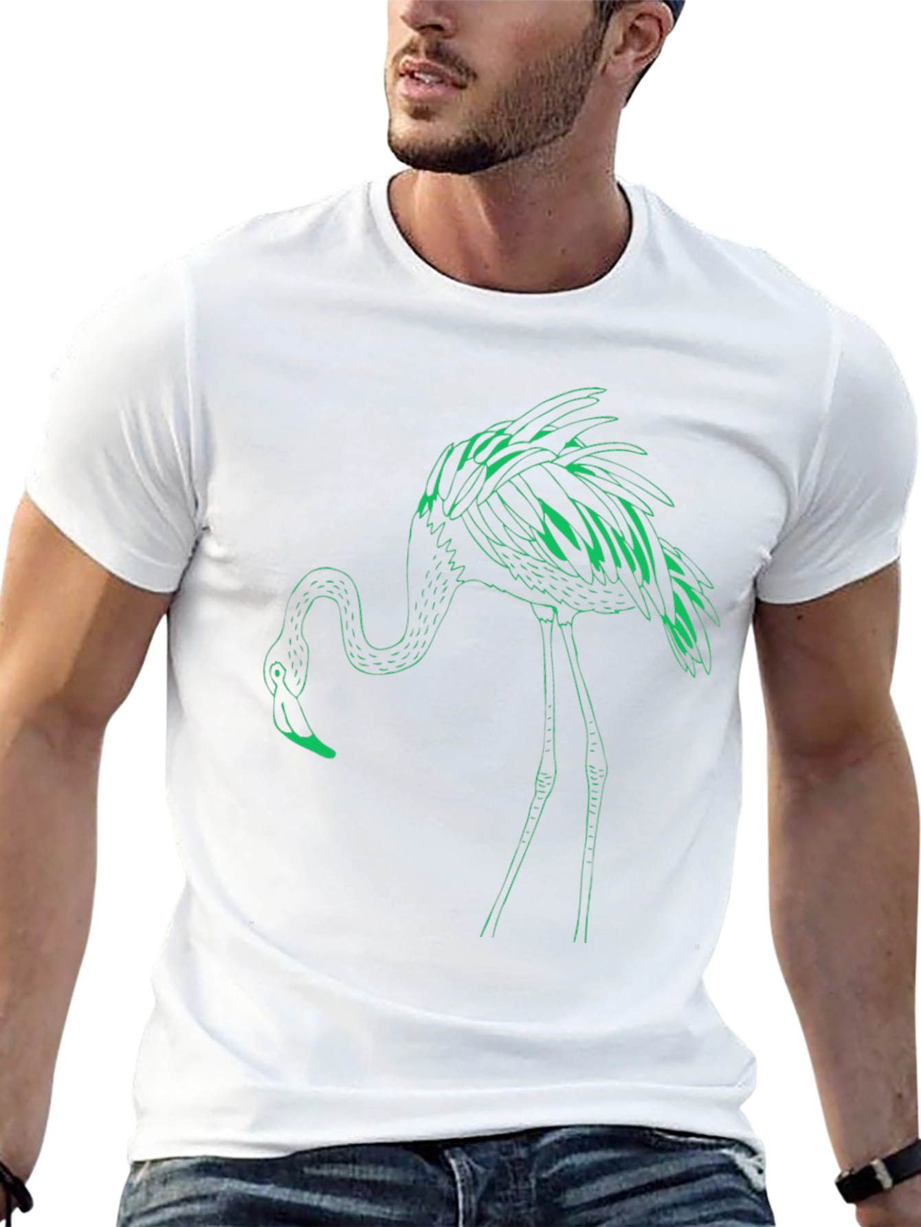 Black T-Shirt with Green Flamingo Design
