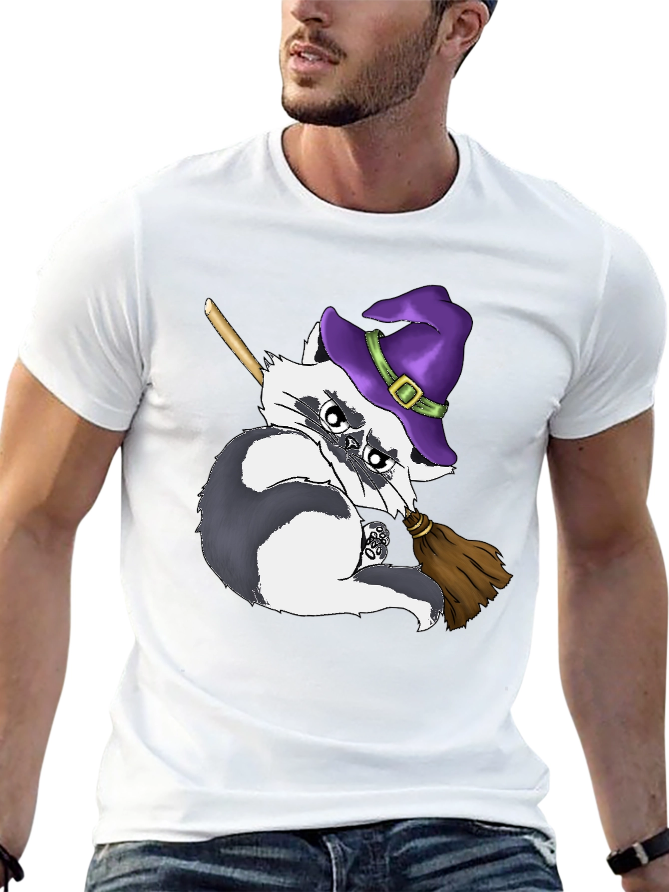 Witch Raccoon on Broomstick T-Shirt - Halloween Style