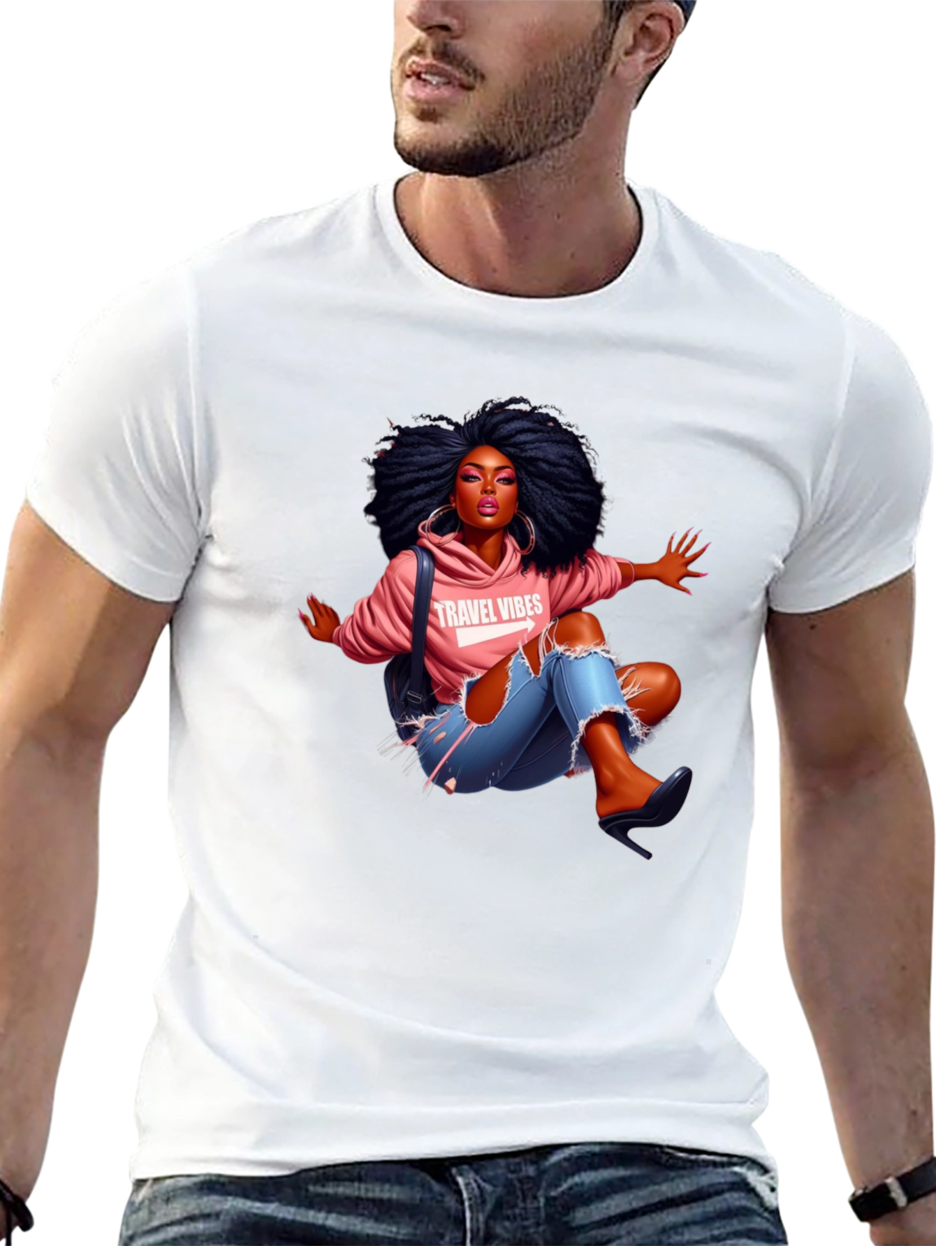 Afro Woman Travel Vibes Graphic Tee - Black