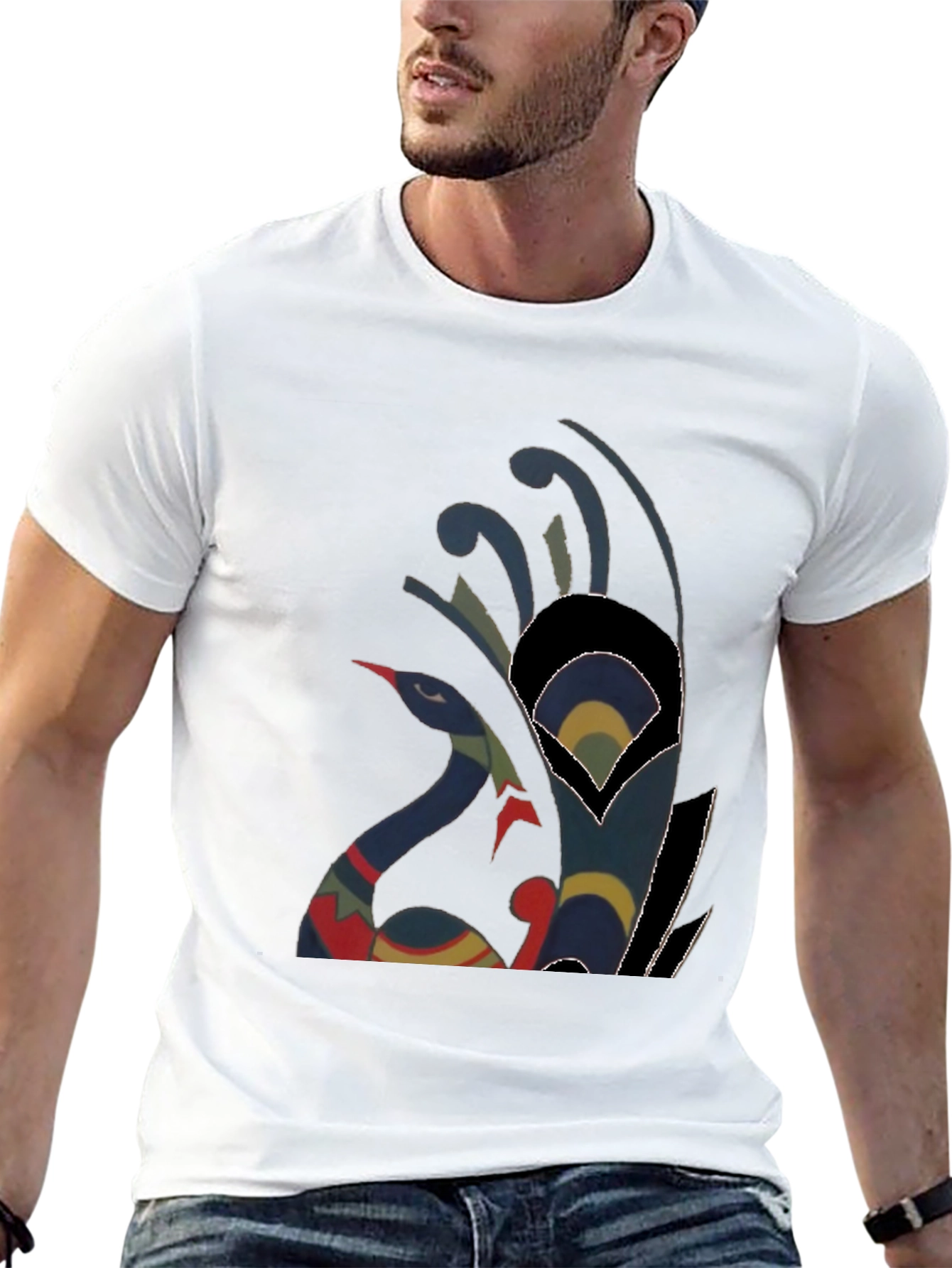 Abstract Peacock Graphic Tee - Casual Black T-Shirt