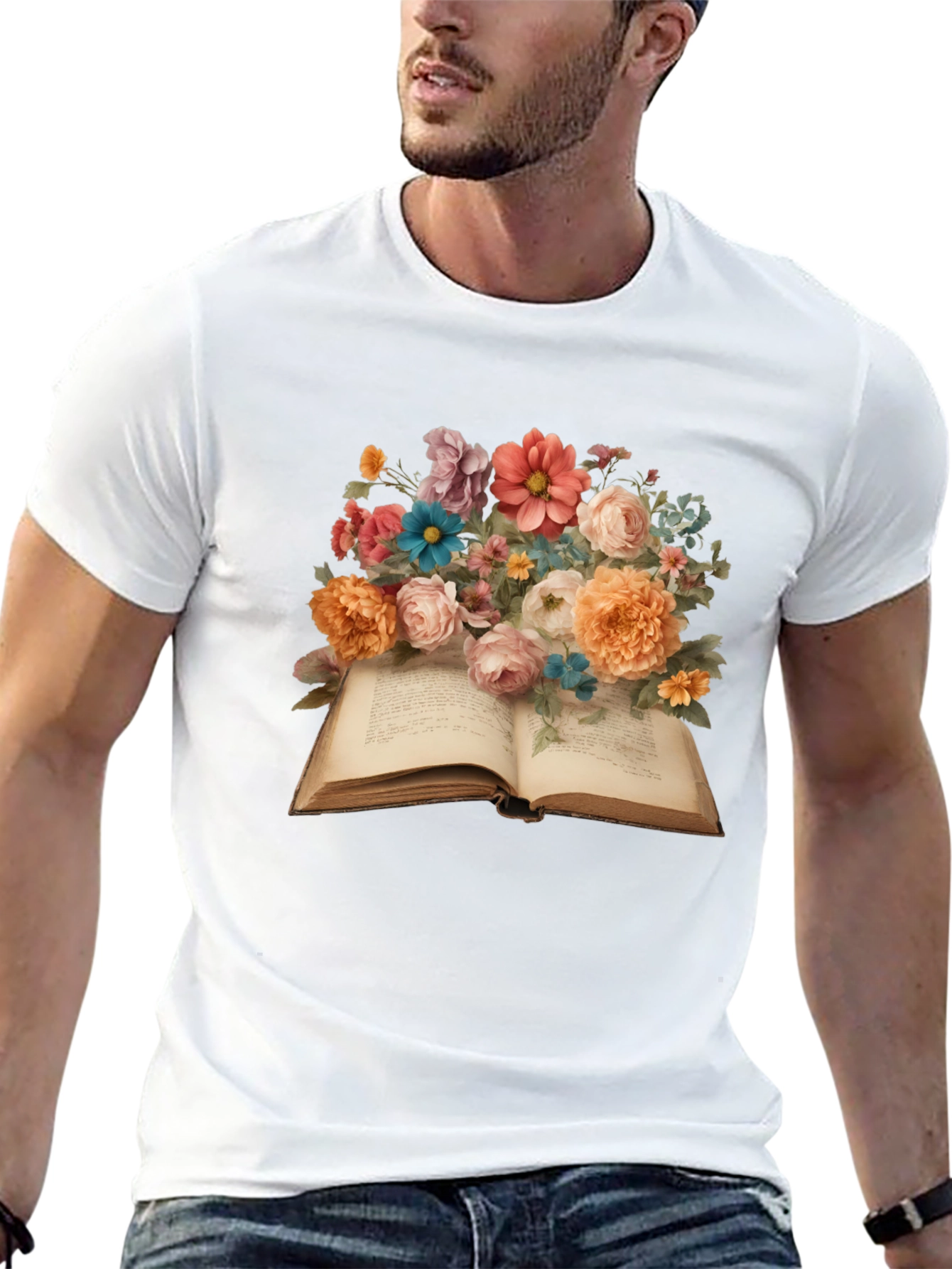 Floral Book T-Shirt: Artistic Literary Tee