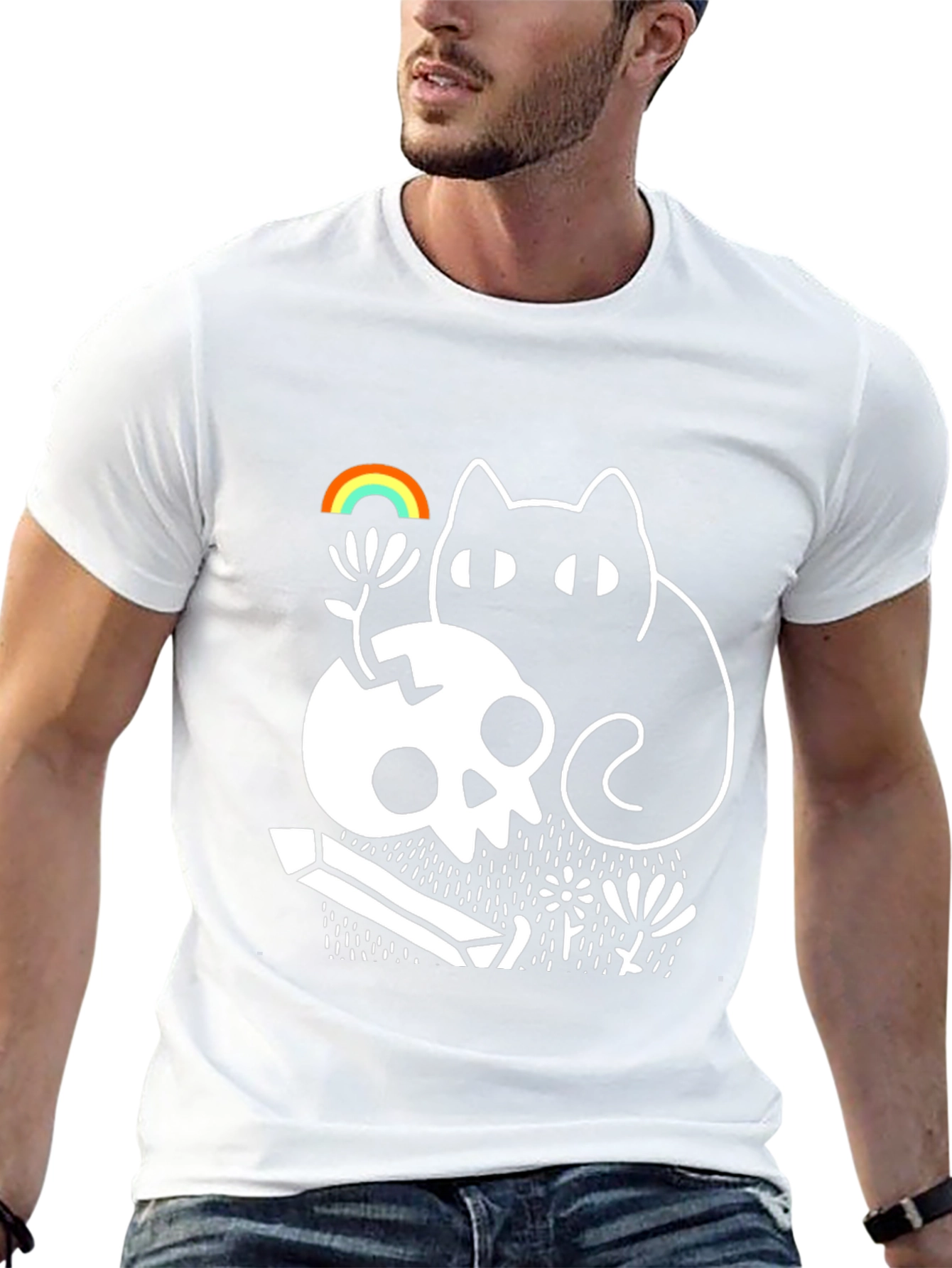 Gothic Whimsical Cat & Skull Graphic Tee
