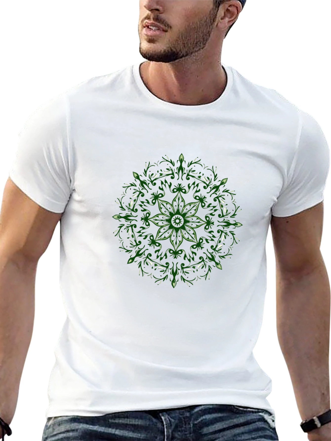 Black T-Shirt with Green Floral Mandala