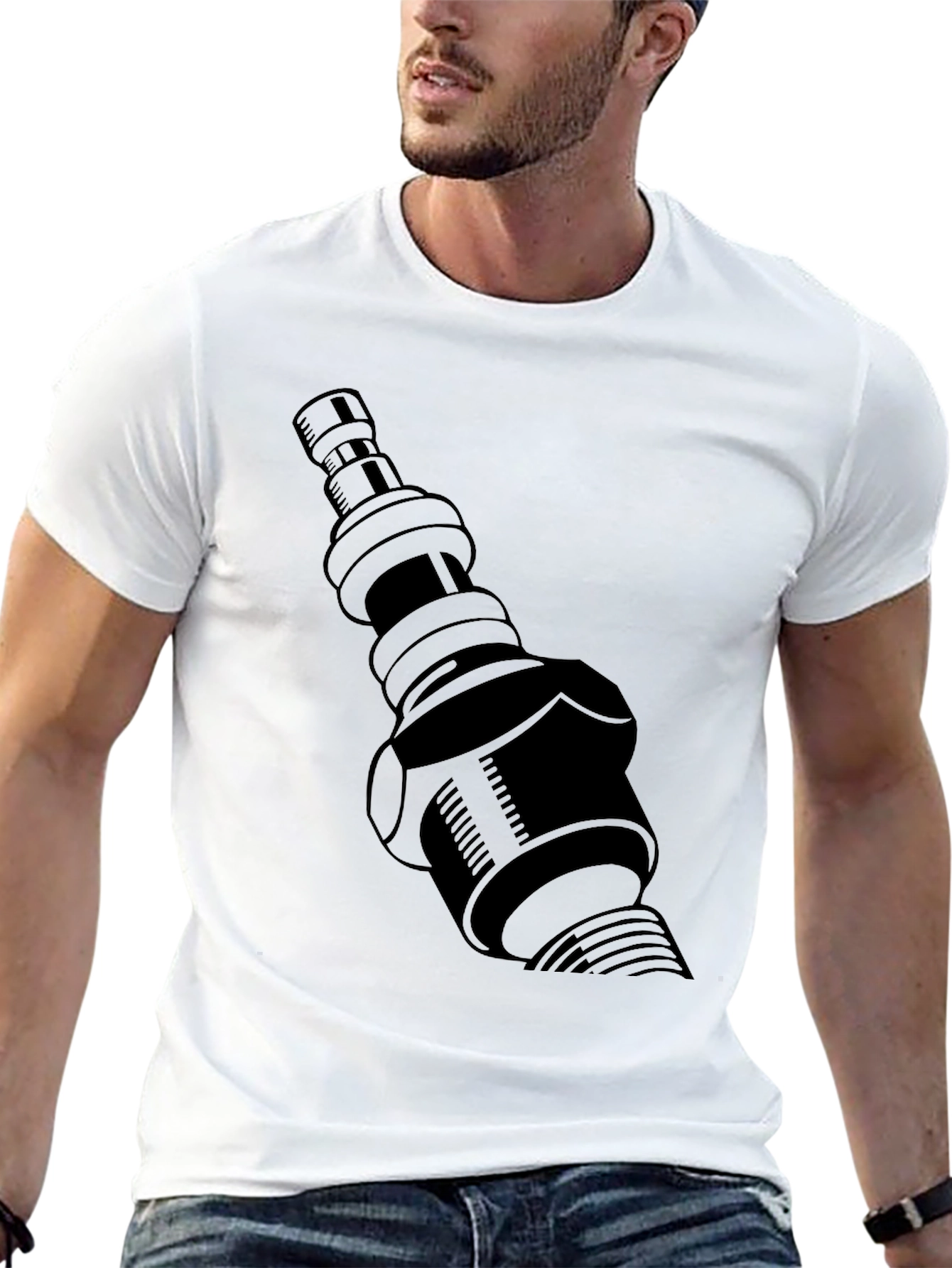 Black T-Shirt with Spark Plug Graphic