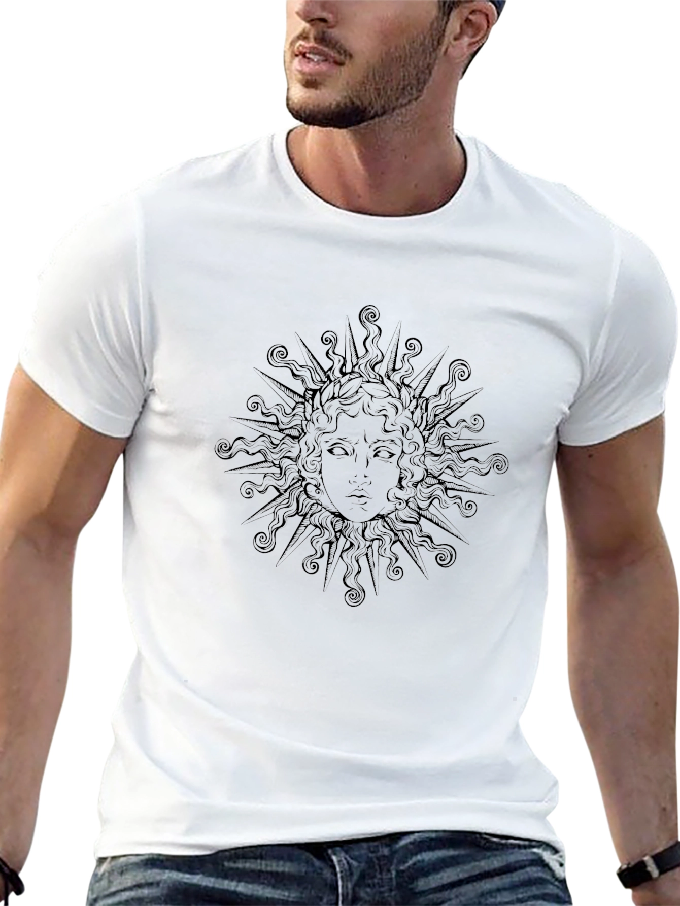 Black T-Shirt with Sun Face Graphic