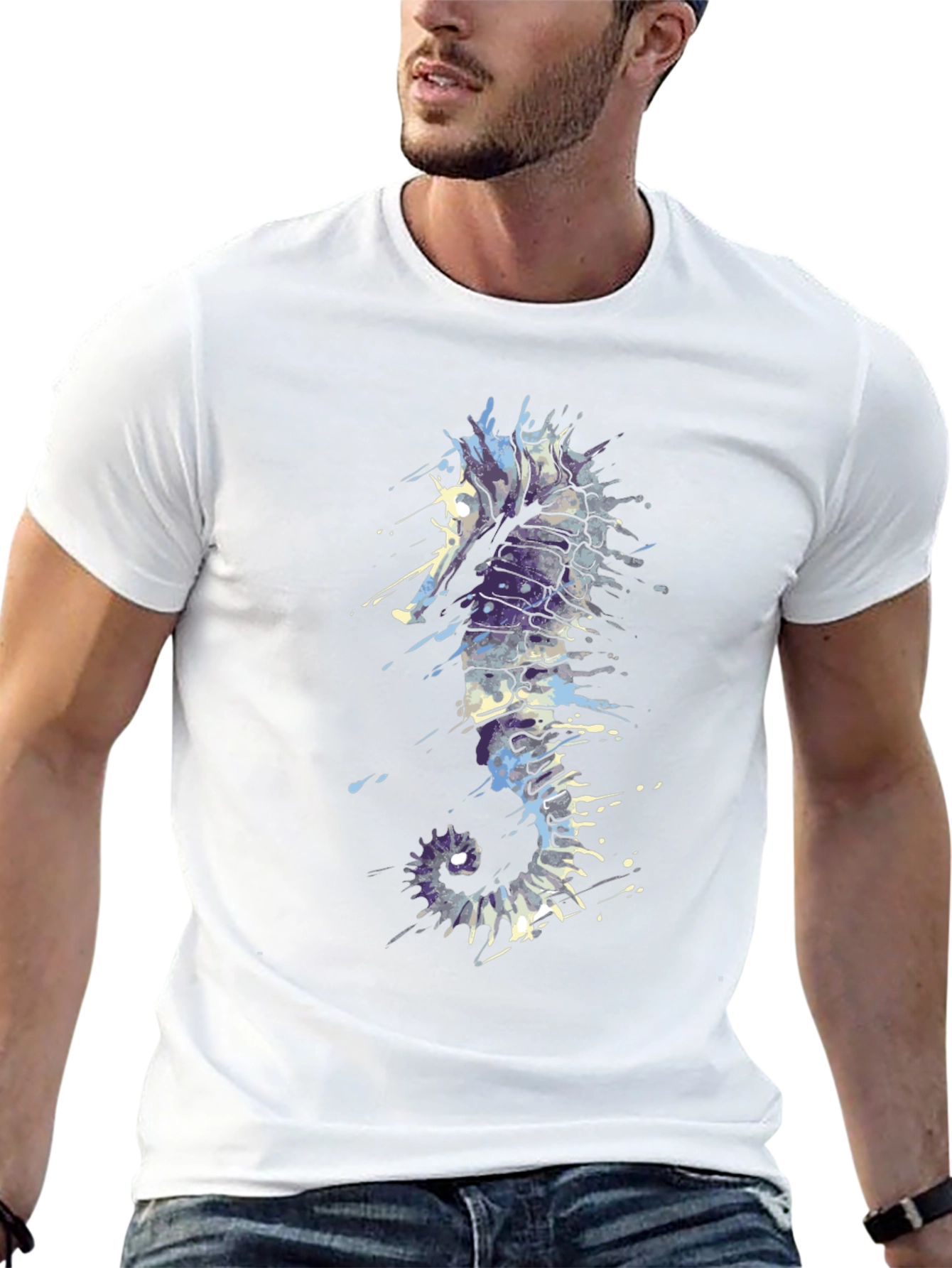 Seahorse Splash Tee - Artistic Black T-Shirt