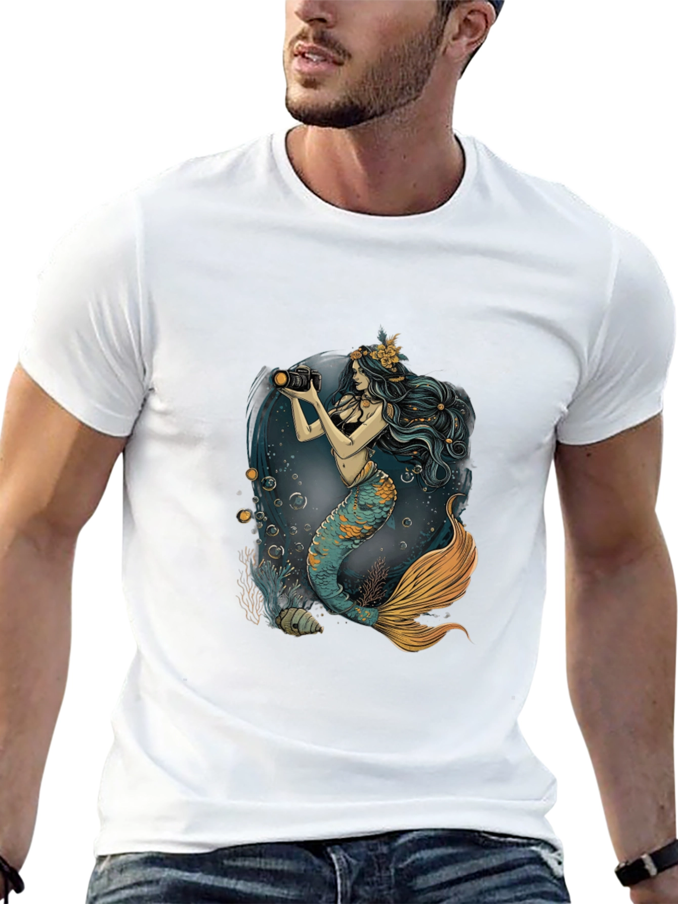 Mermaid Photographer Graphic Tee - Black Cotton Casual Shirt