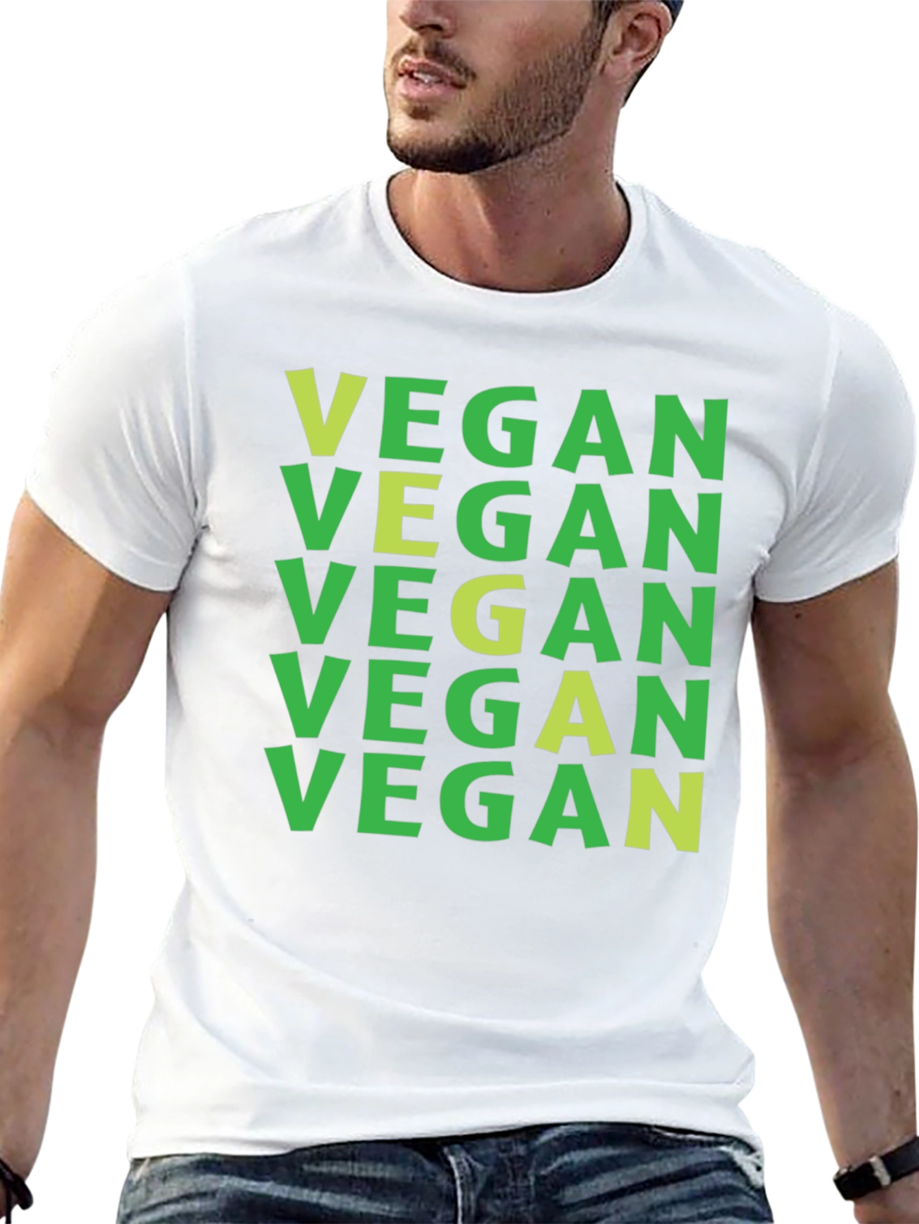 Vegan T-Shirt: Green on Black Repeat Print