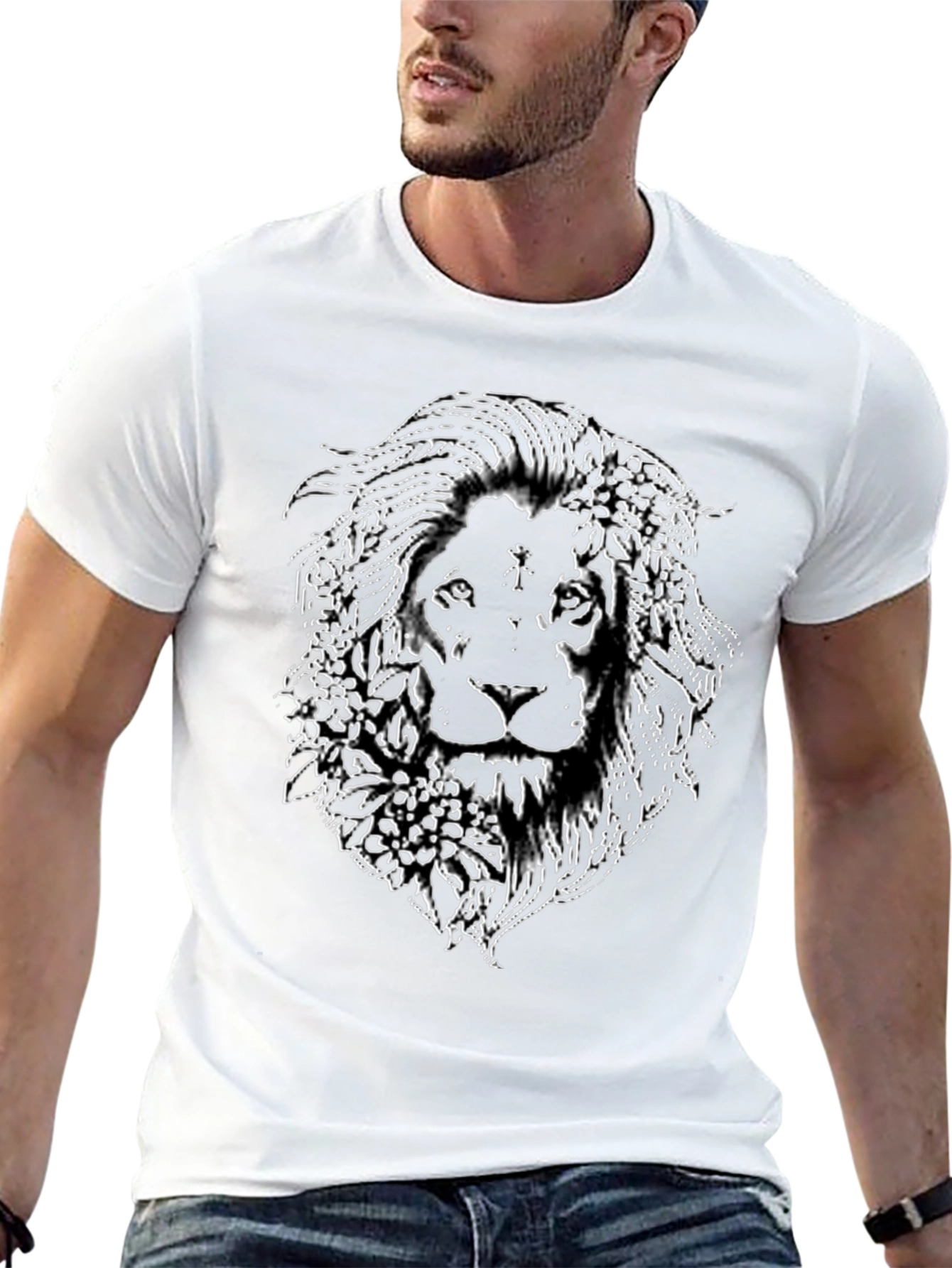 Lion Floral Outline Graphic Tee - Black