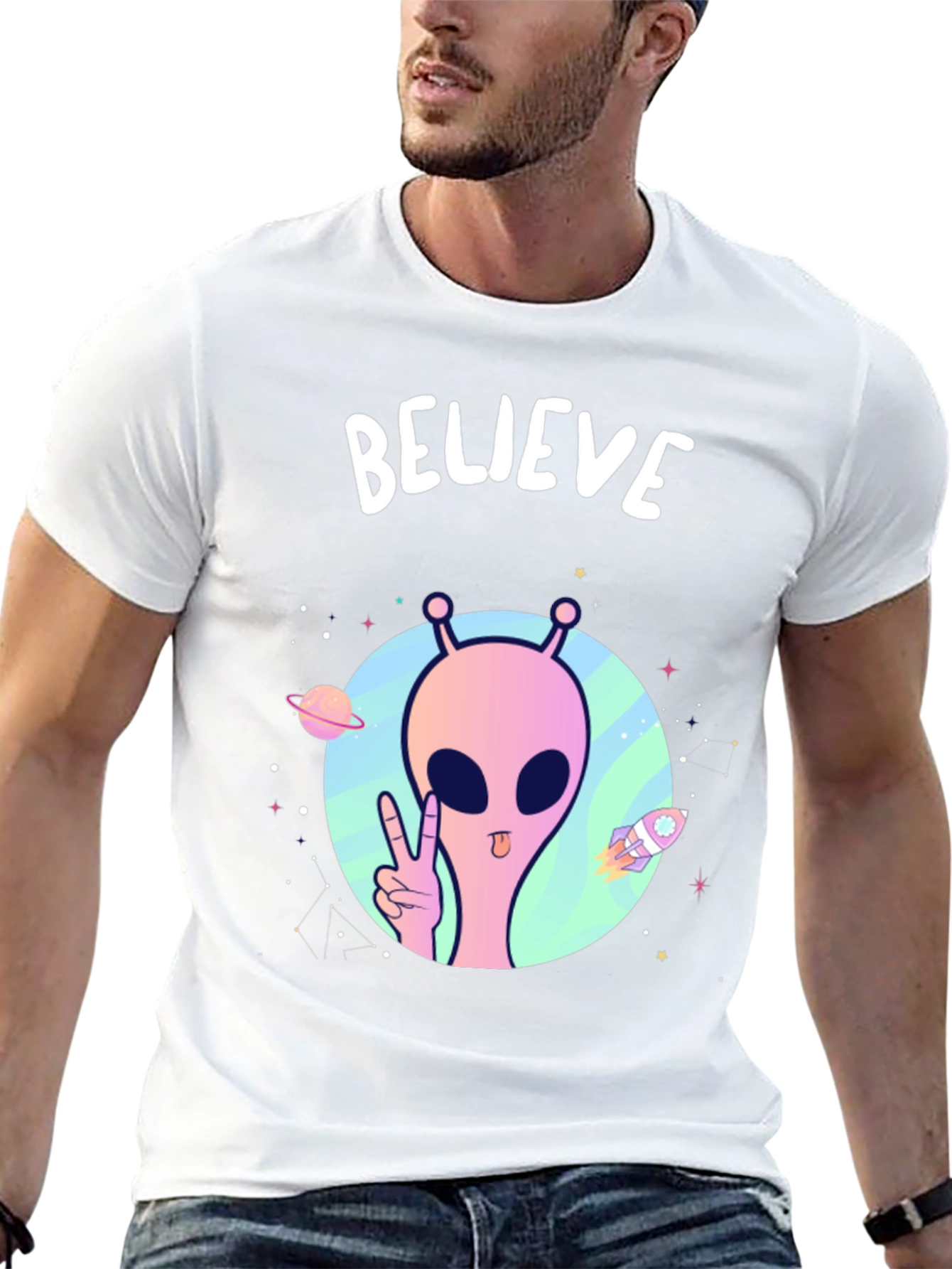 Believe Alien Graphic T-Shirt - Black Crew Neck Tee
