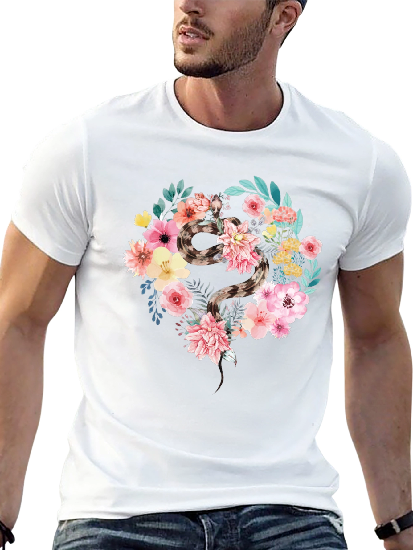 Floral Snake Graphic Tee - Unique Artistic Design