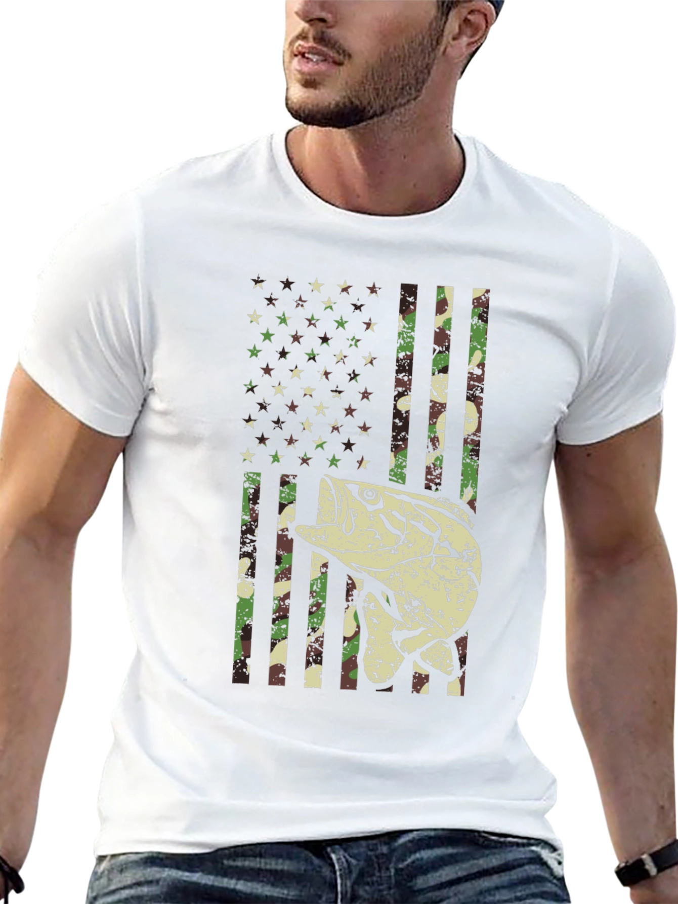 Camouflage American Flag Fishing T-Shirt