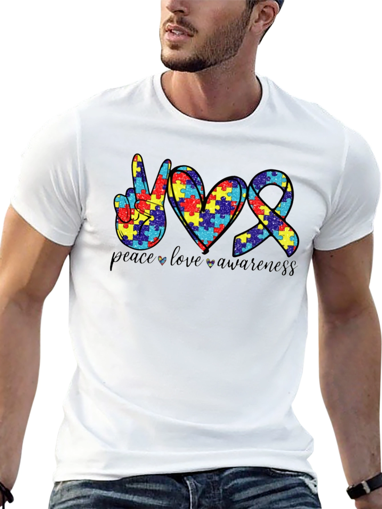Autism Awareness Peace Love Puzzle T-Shirt