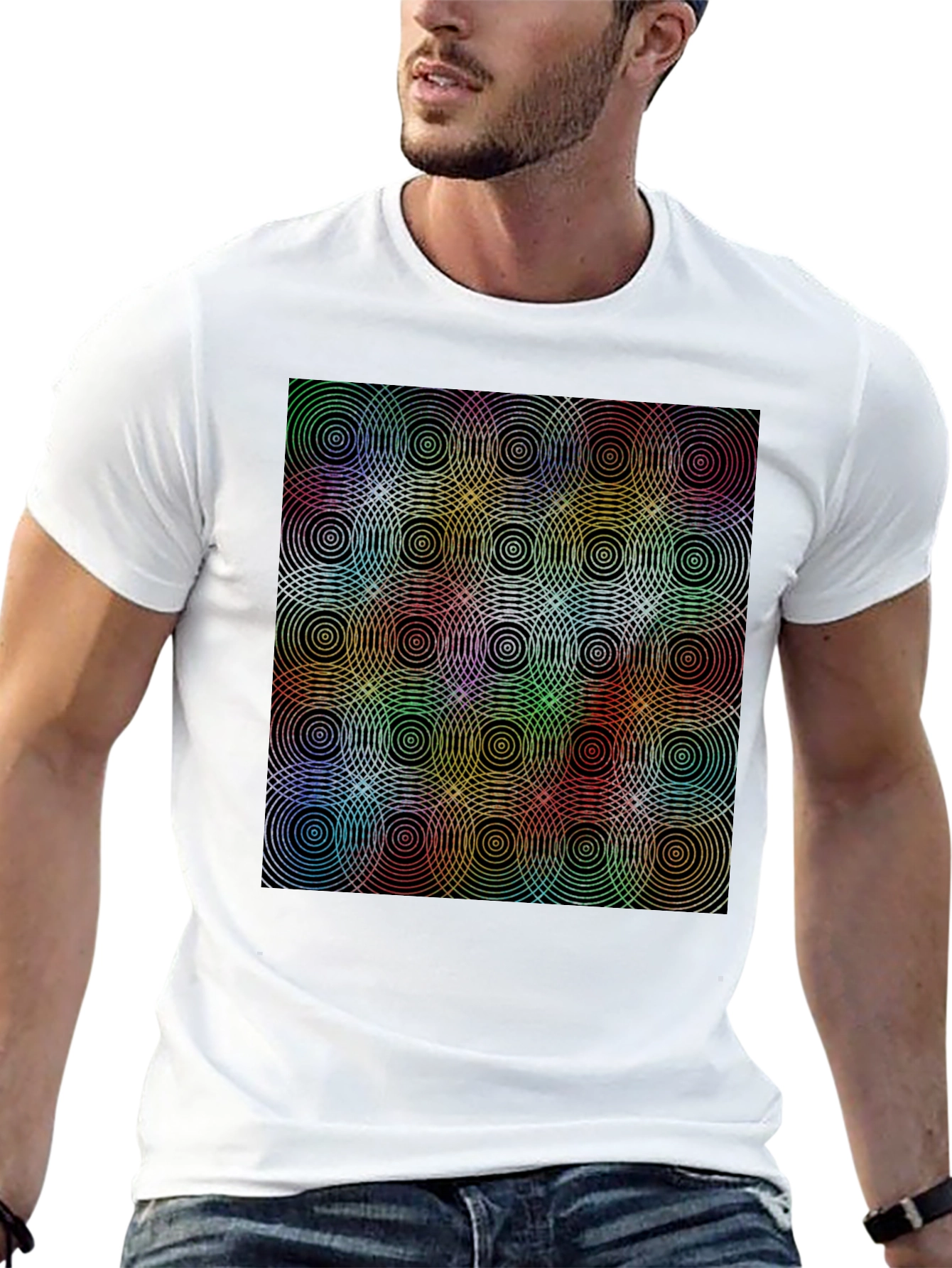 Rainbow Concentric Circle Pattern Black T-Shirt