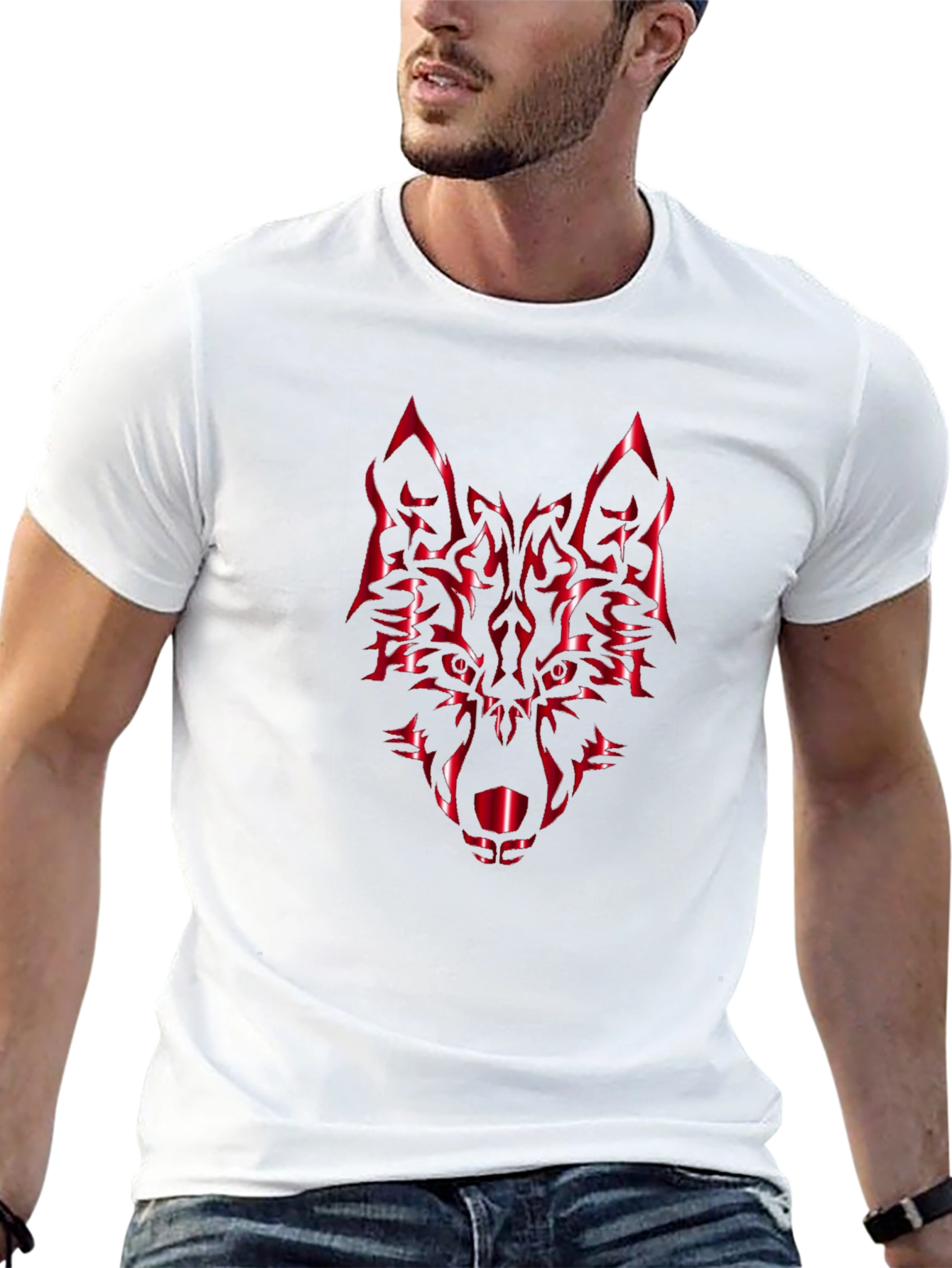 Bold Black Tee with Red Wolf Graphic