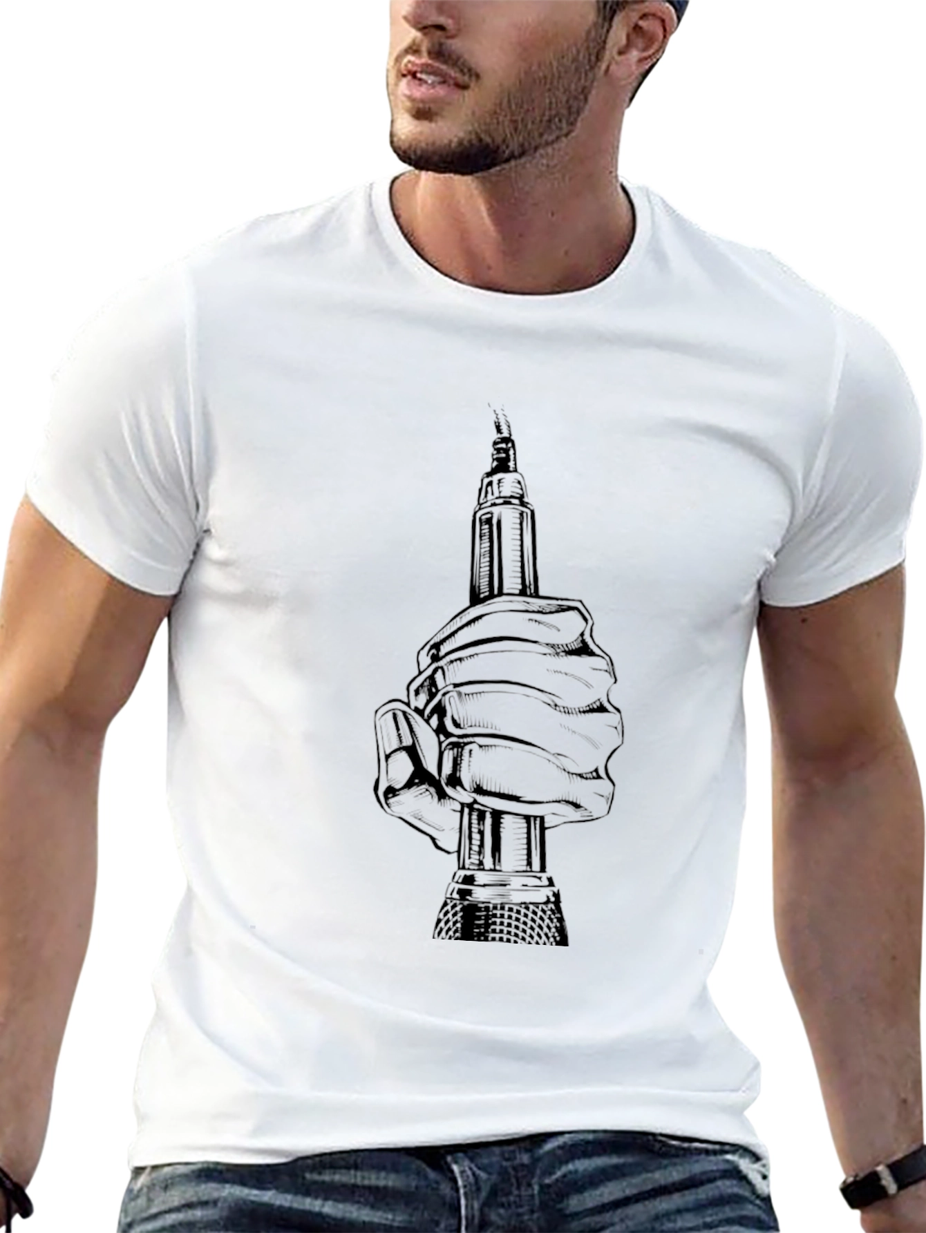 Graphic Print Hand Holding Tool Black T-Shirt