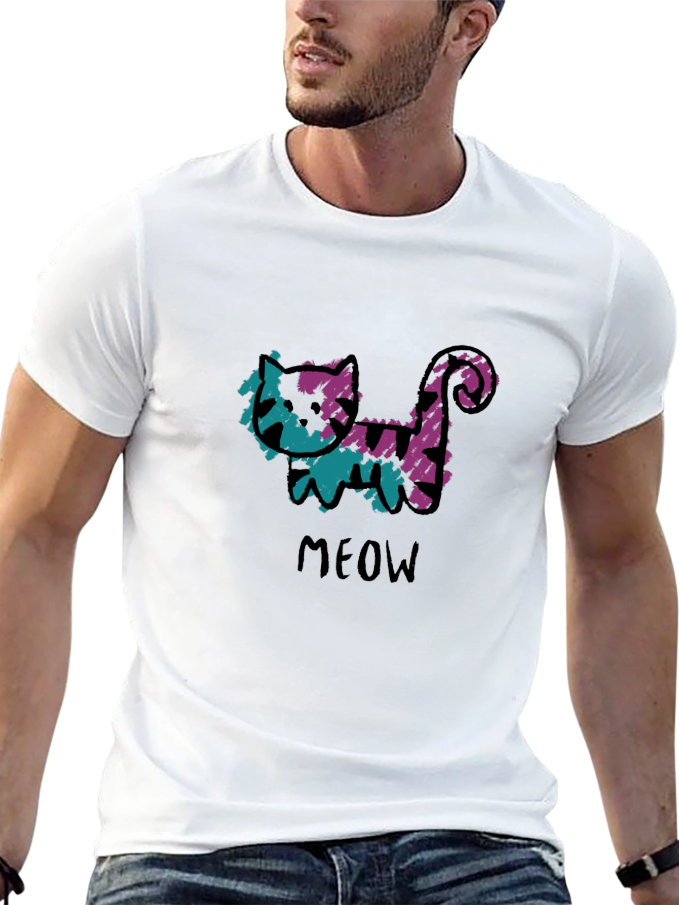Whimsical Cat Meow Graphic Black T-Shirt