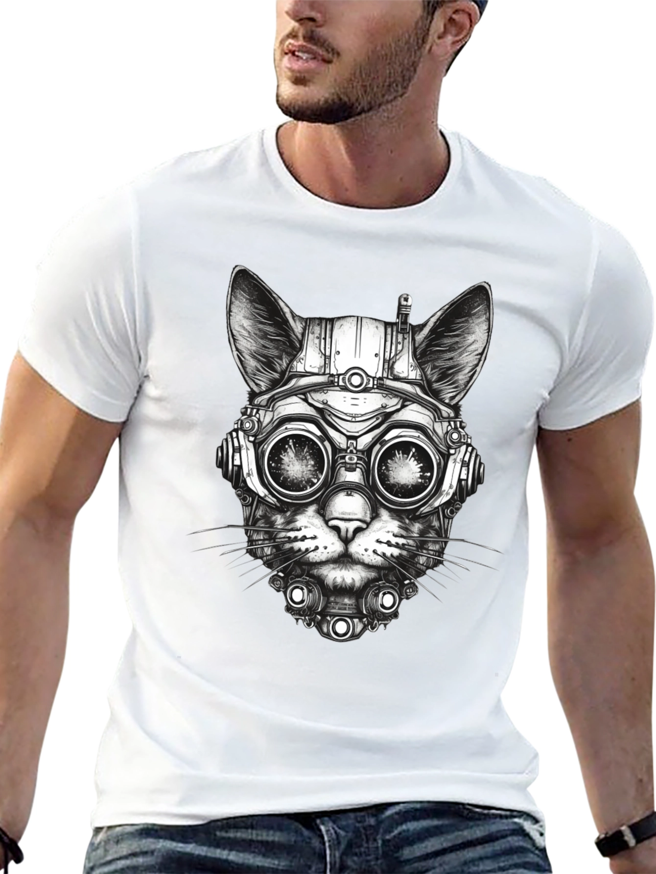 Steampunk Cat T-Shirt - Futuristic Feline Design