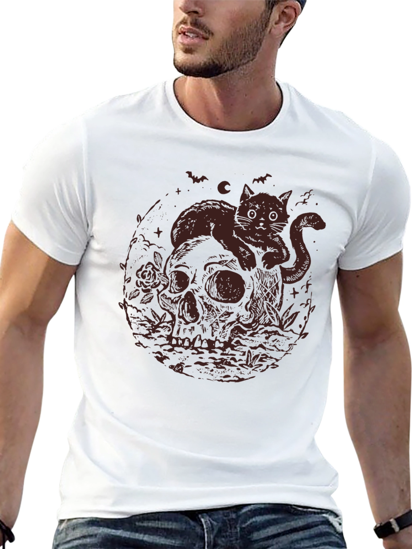 Skull Cat Graphic Tee - Gothic Style T-Shirt