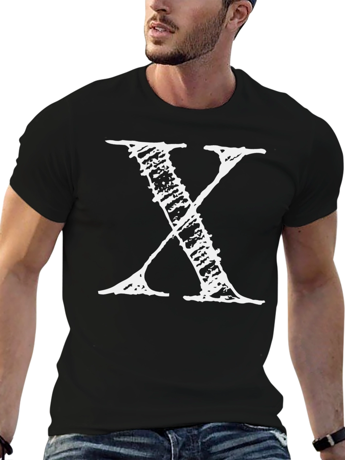 Mens Black T-Shirt with Distressed White X Print