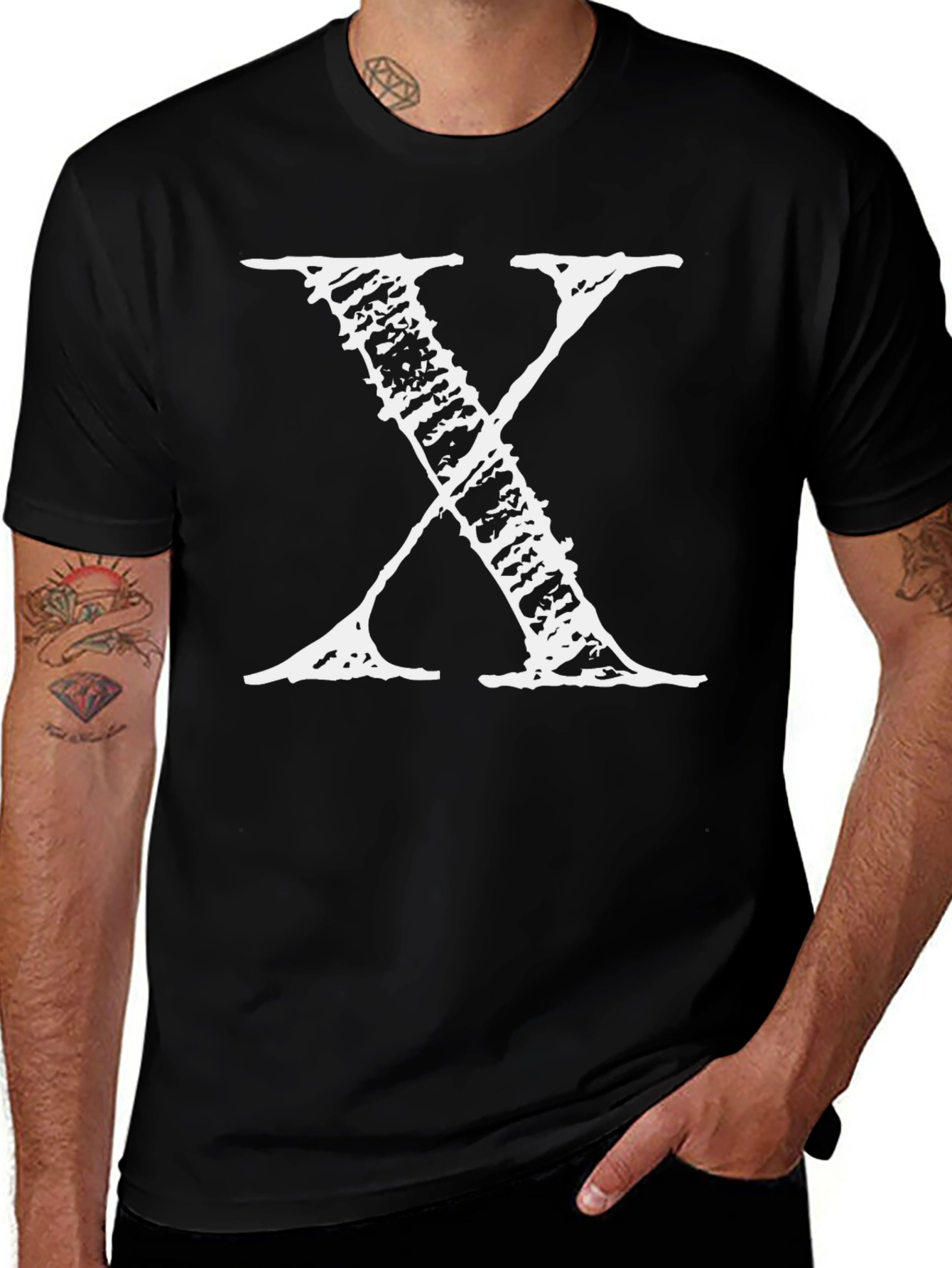 Mens Black T-Shirt with Distressed White X Print