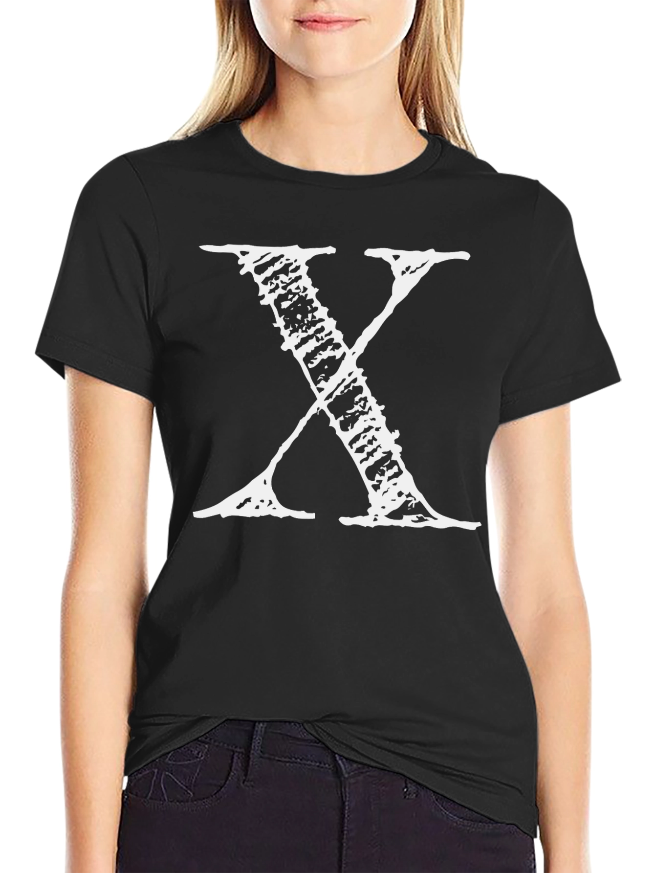 Mens Black T-Shirt with Distressed White X Print