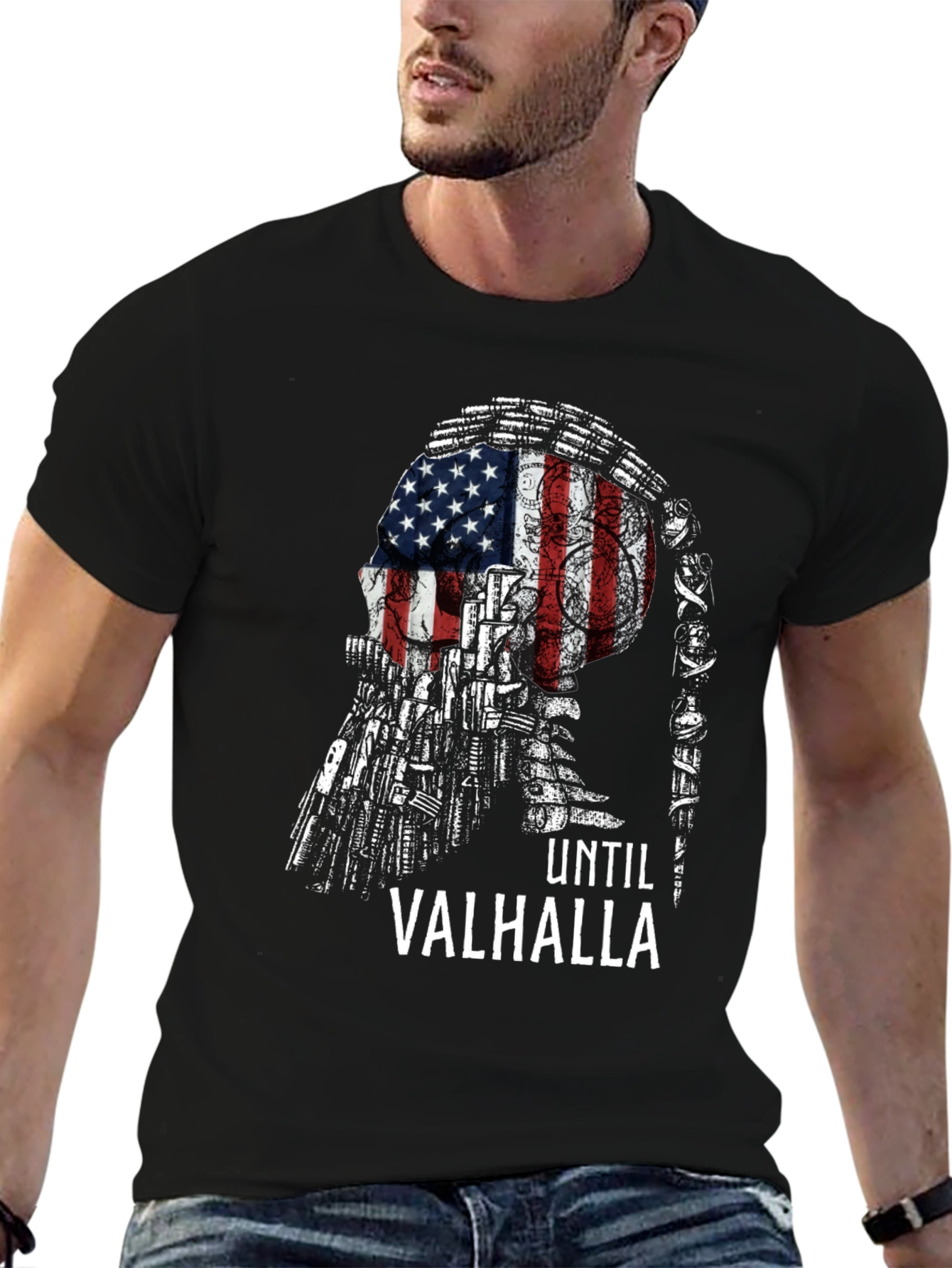 Until Valhalla American Flag Skull T-Shirt