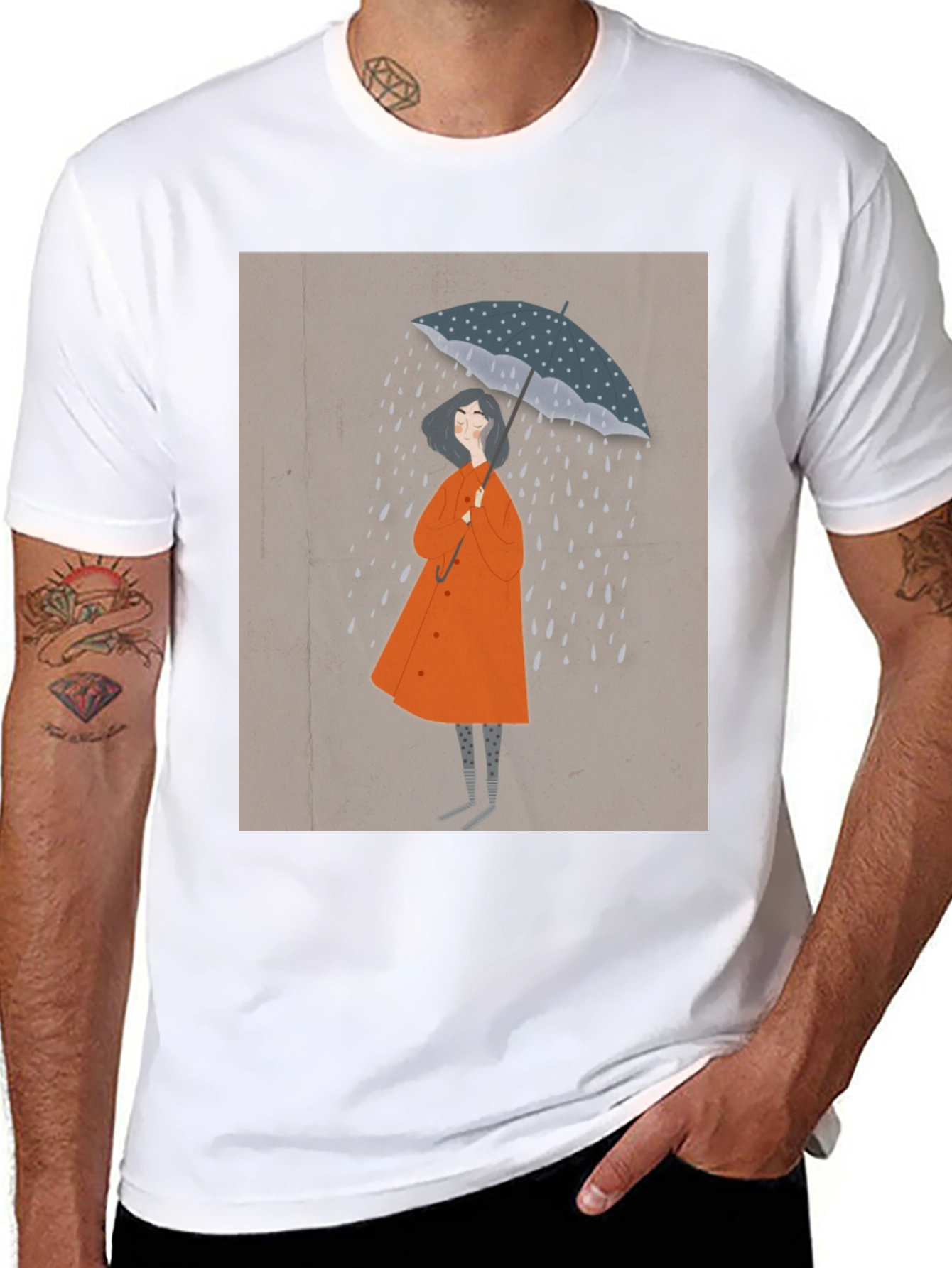 Stylish Black T-Shirt with Rainy Day Illustration