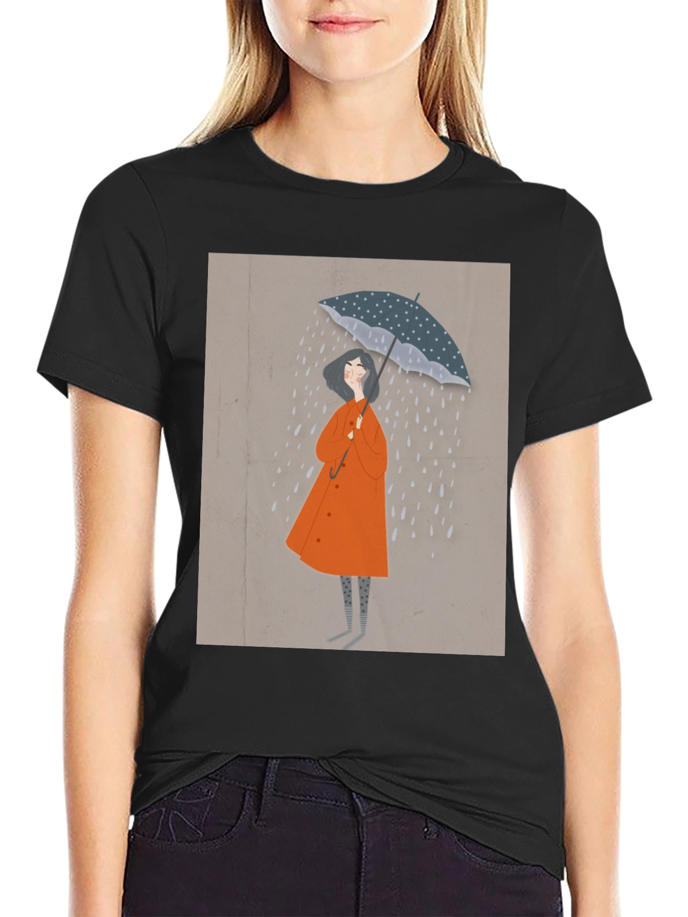 Stylish Black T-Shirt with Rainy Day Illustration